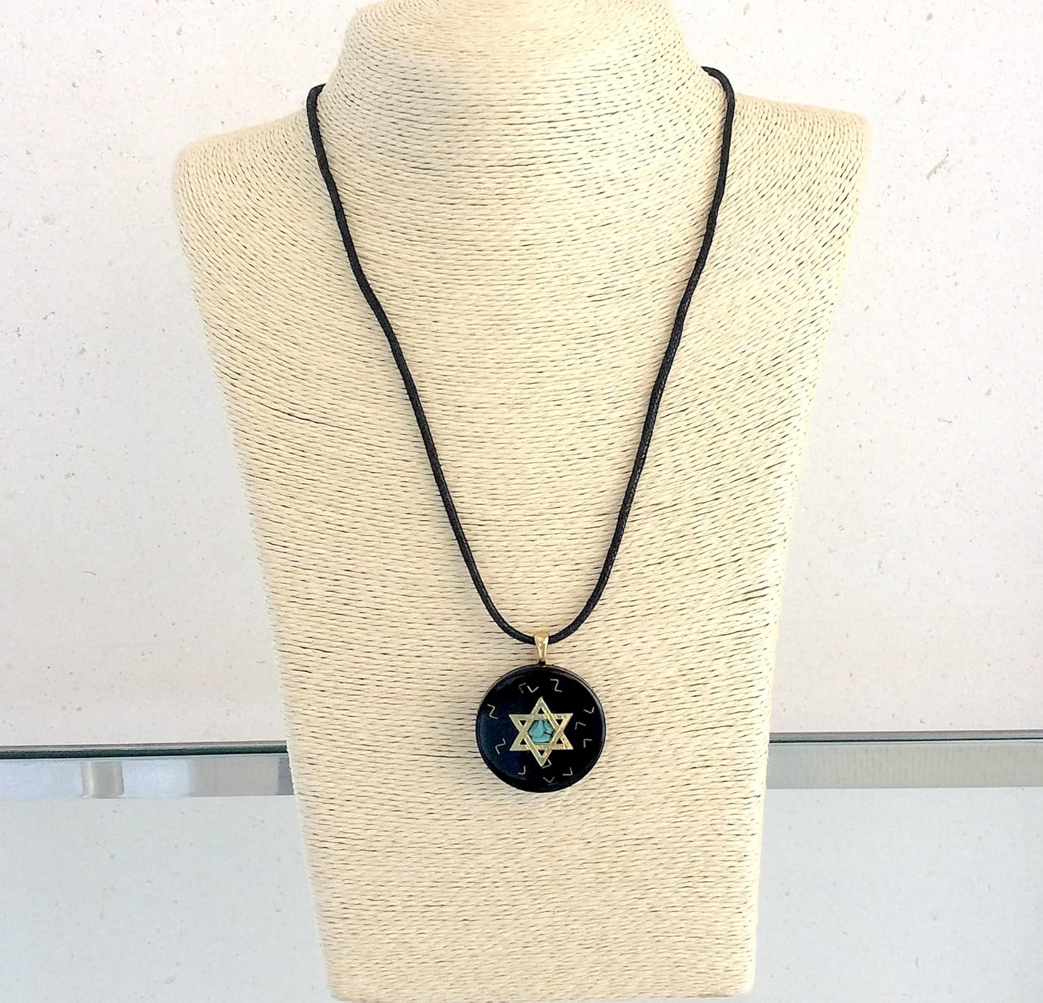 Orgone pendant necklace with golden Star of David, Turquoise & Black Tourmaline stones. Made in USA