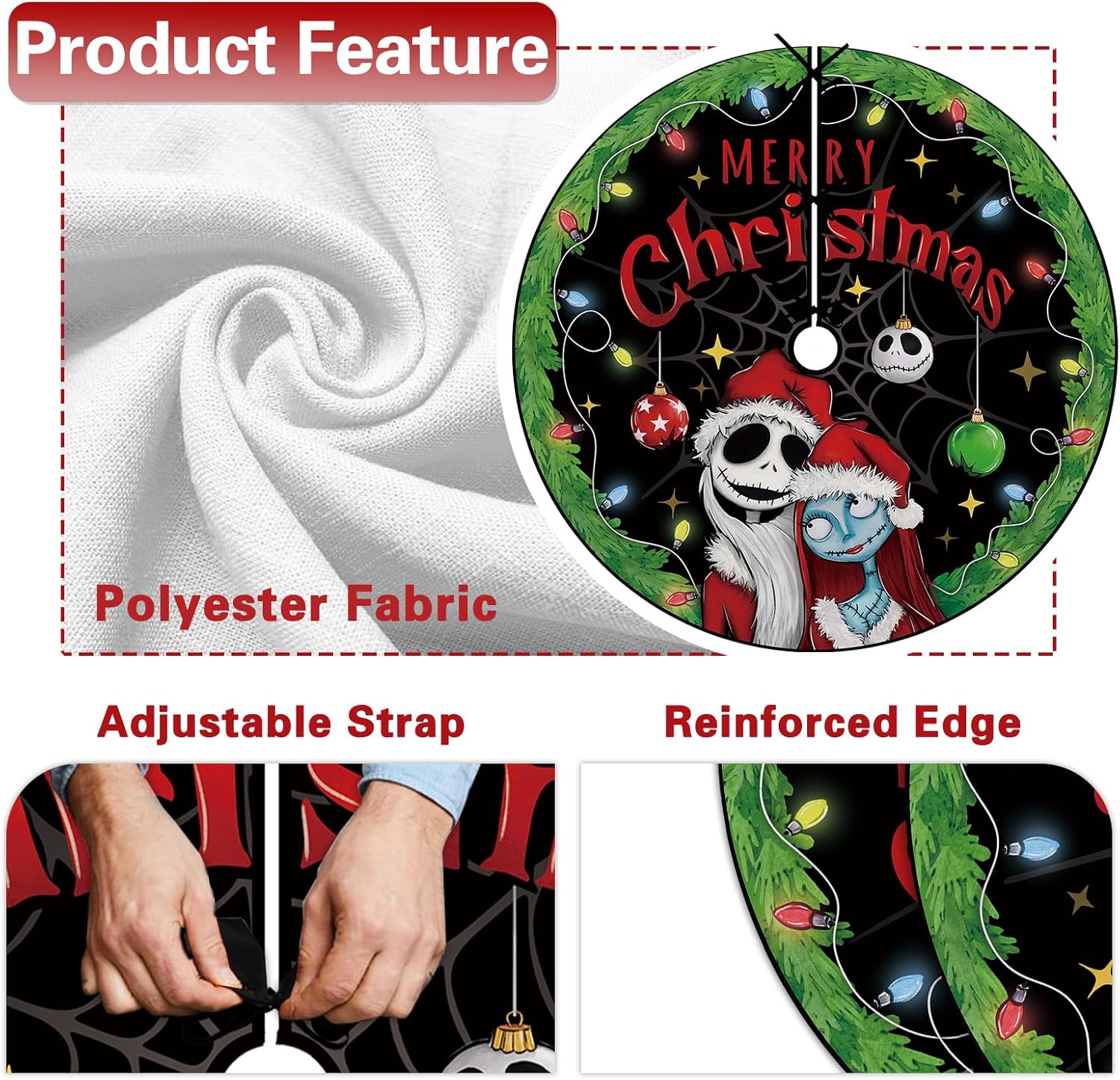 Feliz Noche de Navidad. Mare Be Fore. Falda de árbol de Navidad de 72 pulgadas con cordones Jack Skellington y Sally – Falda de árbol artificial