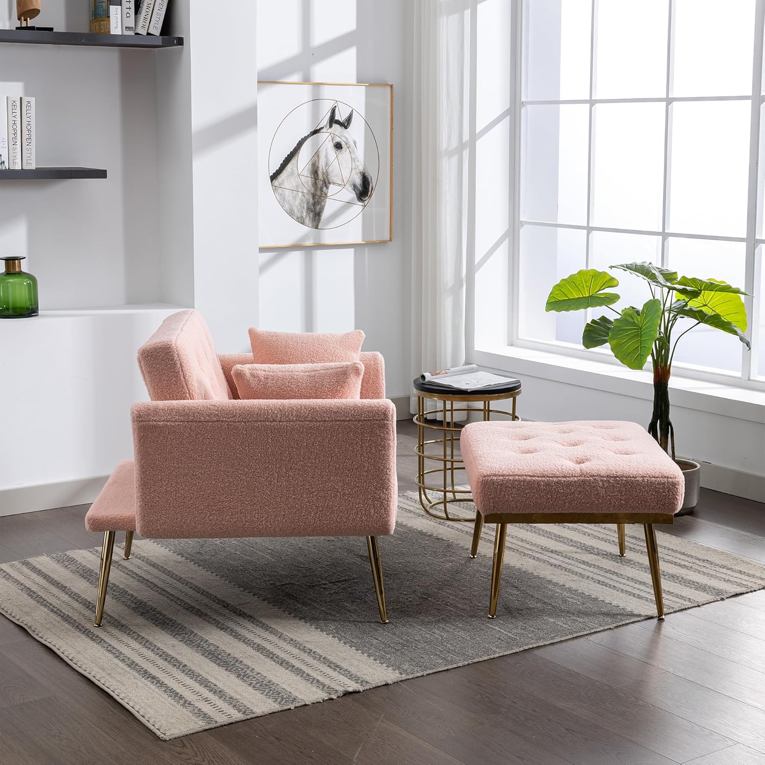 Silla decorativa moderna Sherpa de 36.61 pulgadas de ancho con respaldo ajustable de 3 ángulos + 2 almohadas, sillón reclinable y otomano para sala