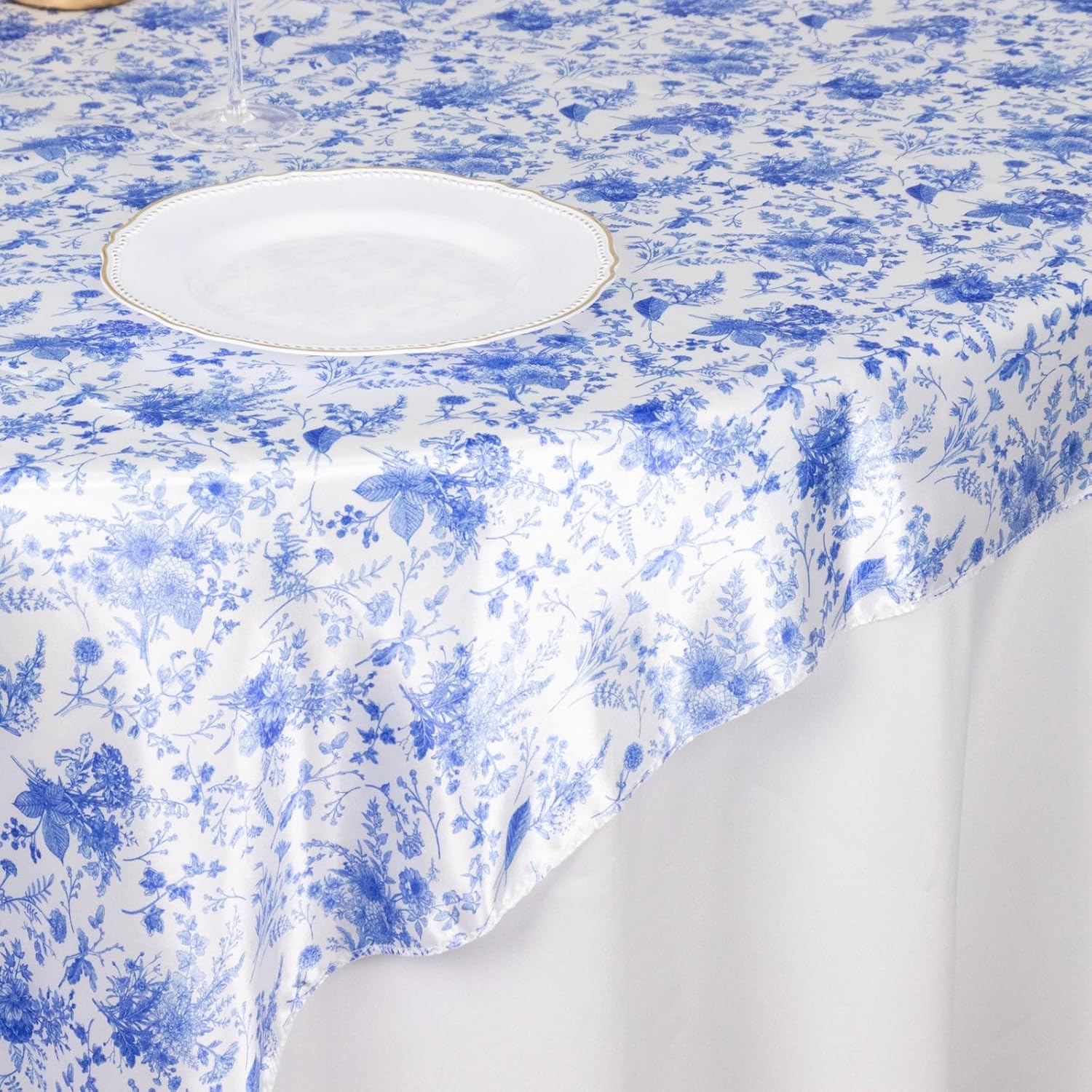Efavormart – Mantel cuadrado de satén con estampado floral chinoiserie blanco y azul, 72 x 72 pulgadas