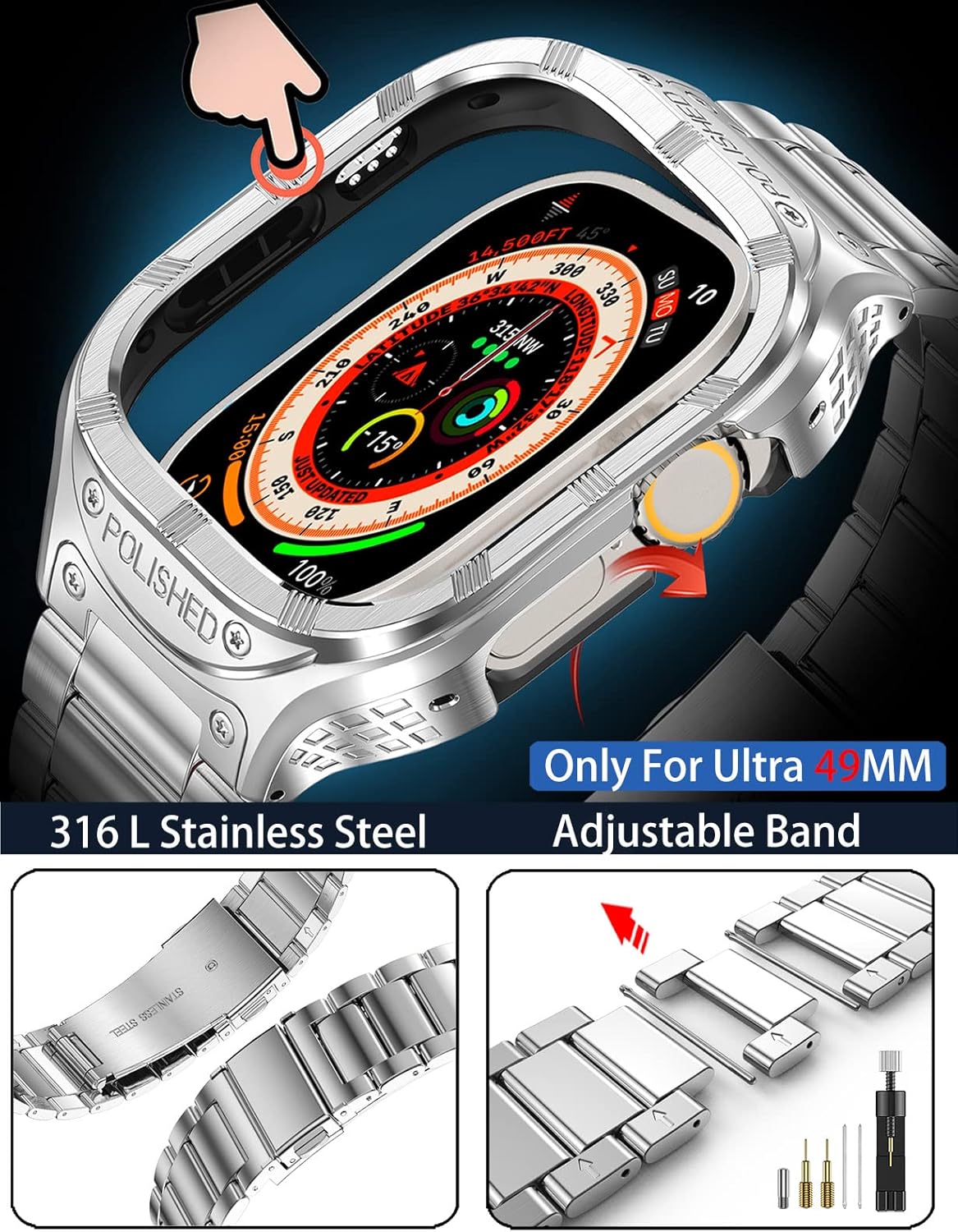 San Jeirie Funda y correa de acero inoxidable compatible con Apple Watch UltraUltra 2 Band de 1.929 in, funda resistente para Apple Watch Ultra 12