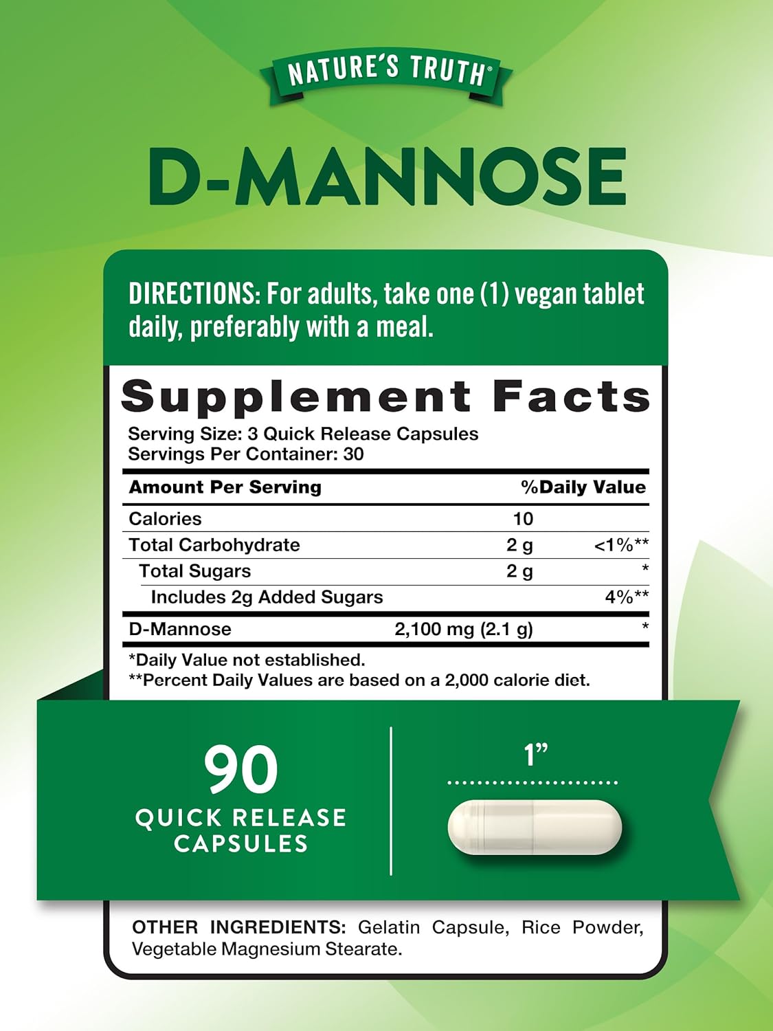 Nature’s Truth Cápsulas de D-manosa  2100 mg  90 píldoras  Suplemento sin OMG y sin gluten