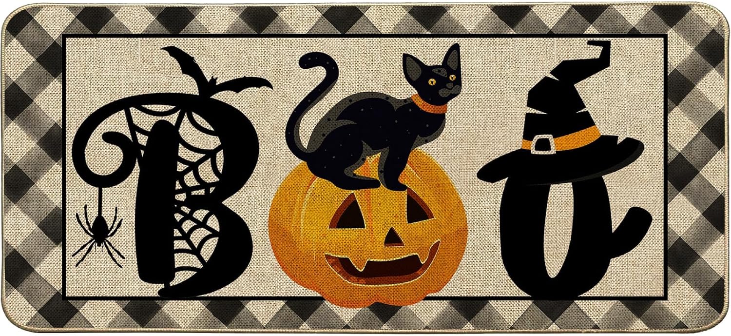 Baccessor Tapete de Halloween para interiores y exteriores, tapete de bienvenida antideslizante para puerta delantera, gato, calabaza, murciélagos,