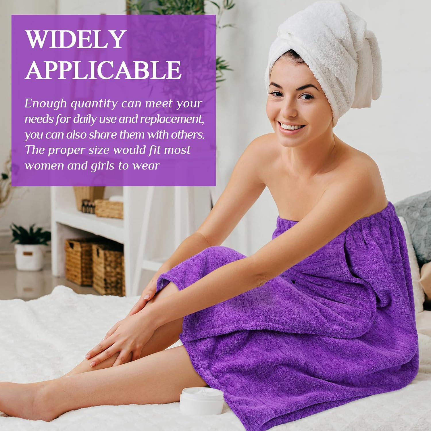 4 toallas de spa para mujer, bata de spa con cierre ajustable, parte superior elástica, envolturas ligeras para baño y ducha (morado, rayas)