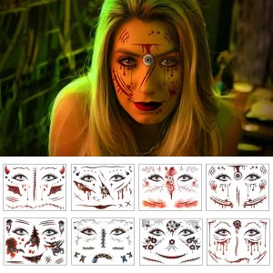 8 piezas de tatuajes faciales de Halloween, de terror, realista, falsa herida sangrienta, cicatriz, impermeable, temporal, tatuaje, calcomanías de 8 piezas de tatuajes faciales de Halloween, de terror, realista, falsa herida sangrienta, cicatriz, impermeable, temporal, tatuaje, calcomanías de