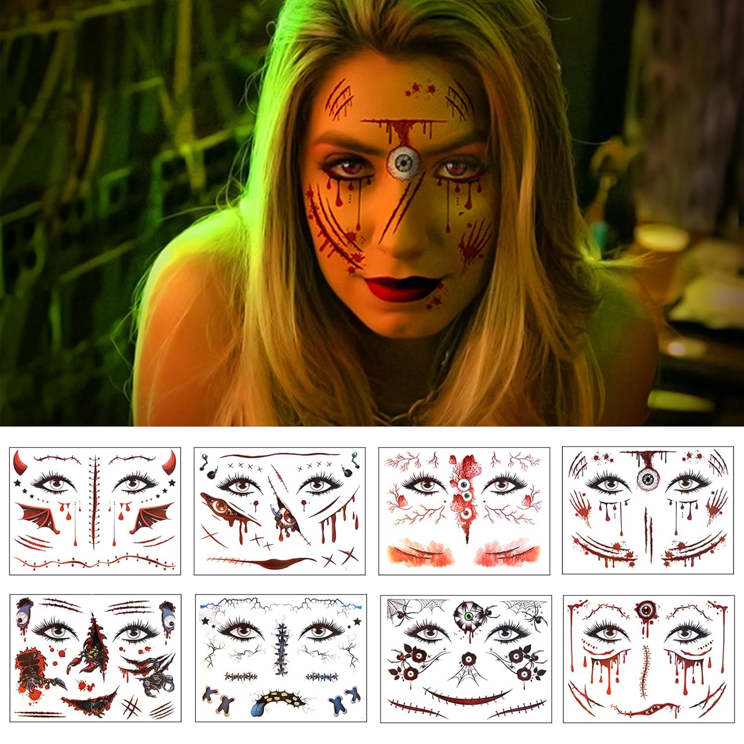 8 piezas de tatuajes faciales de Halloween, de terror, realista, falsa herida sangrienta, cicatriz, impermeable, temporal, tatuaje, calcomanías de