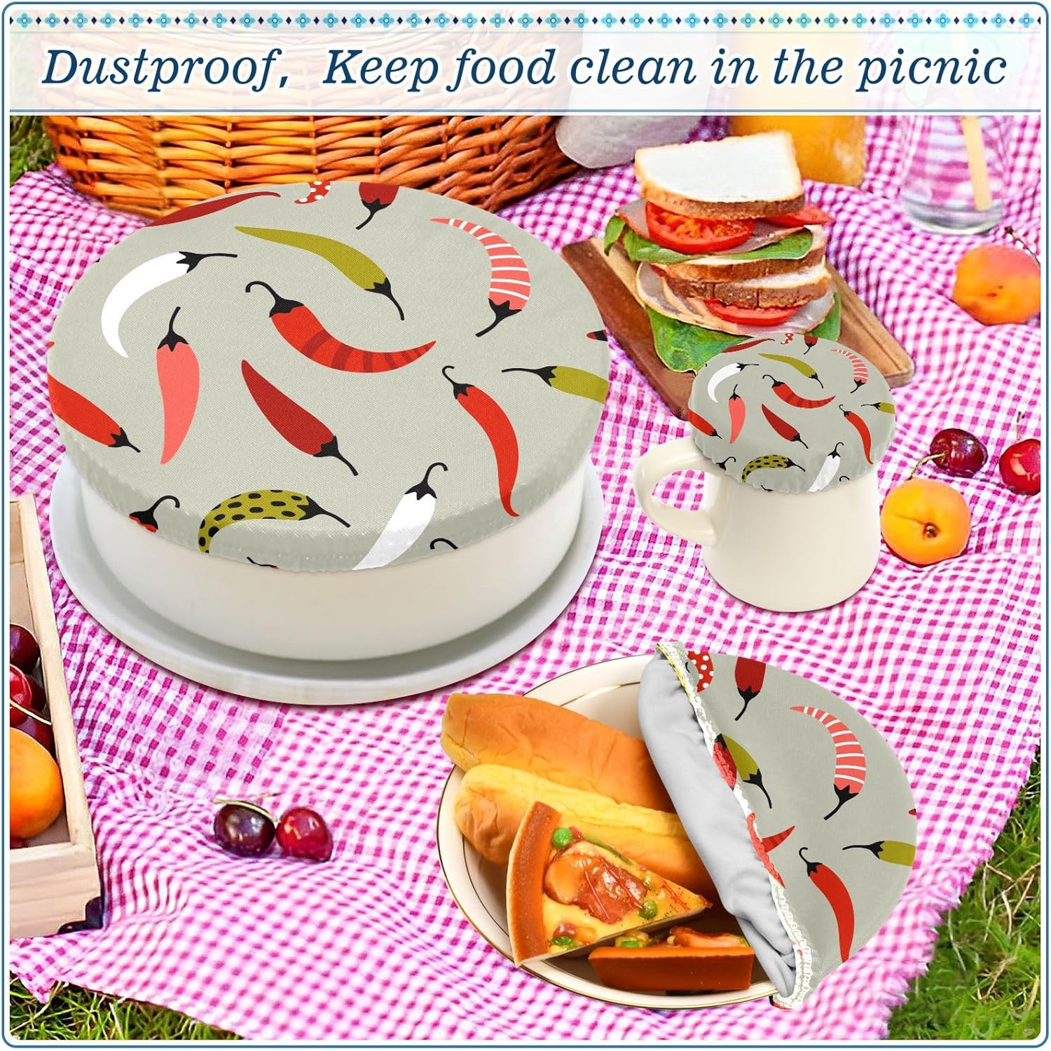 Chili Pepper 5PCS Reusable Elastic Bowl Covers for Food Storage Stretch Cloth Fabric Lids with 5 Different Sizes Waterproof Bowl Covers for Bread