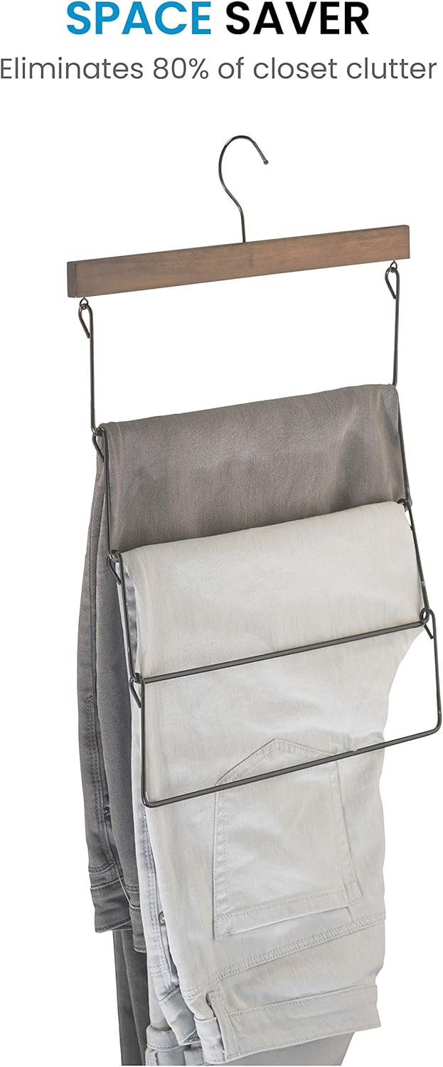 Perchas de madera de alta calidad de 4 niveles para pantalones con revestimiento de goma antideslizante (paquete de 3) Percha de múltiples capas