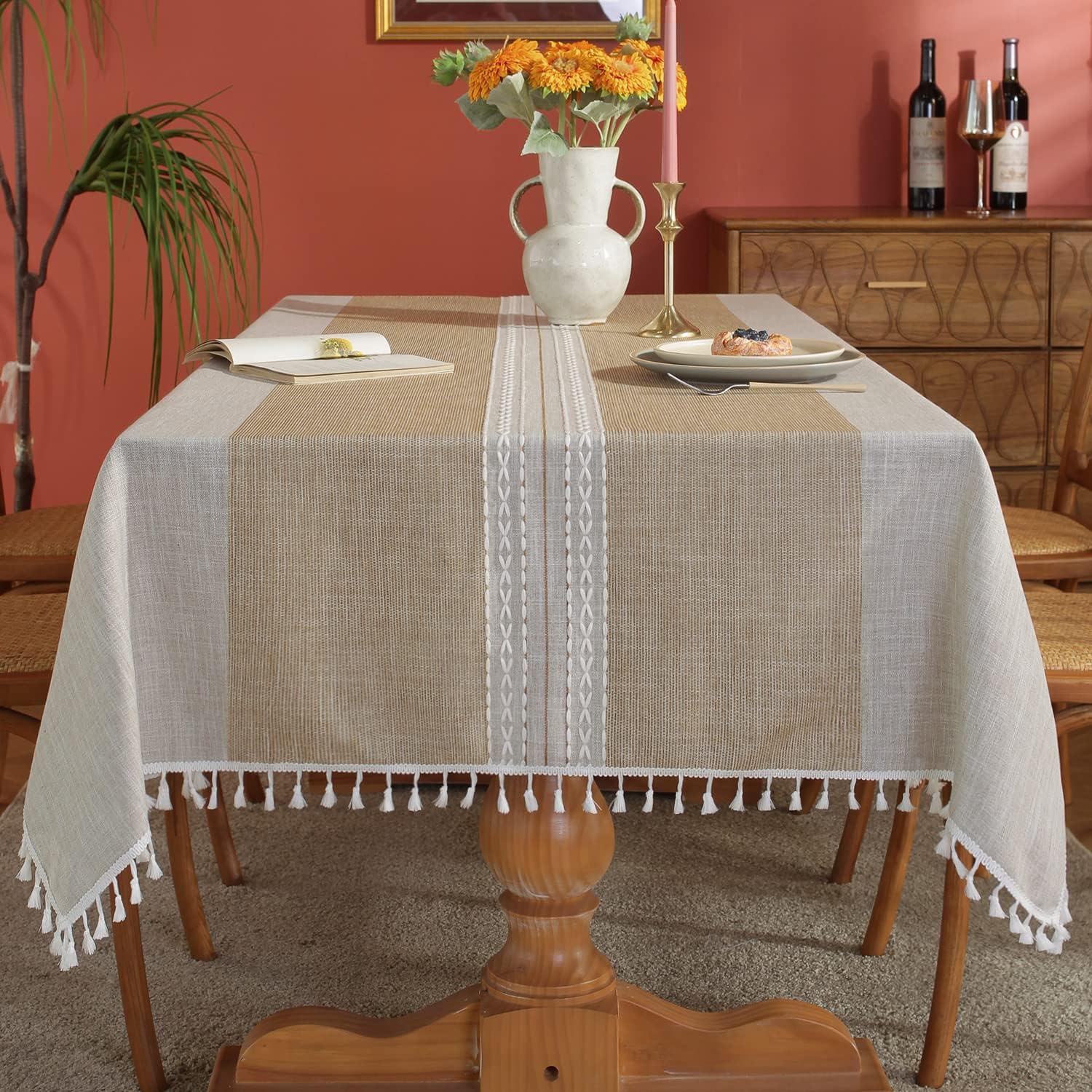 Laolitou – Manteles impermeables con borla cosida, de lino y algodón, sin arrugas, decoración para la mesa del comedor, fiestas, vacaciones,