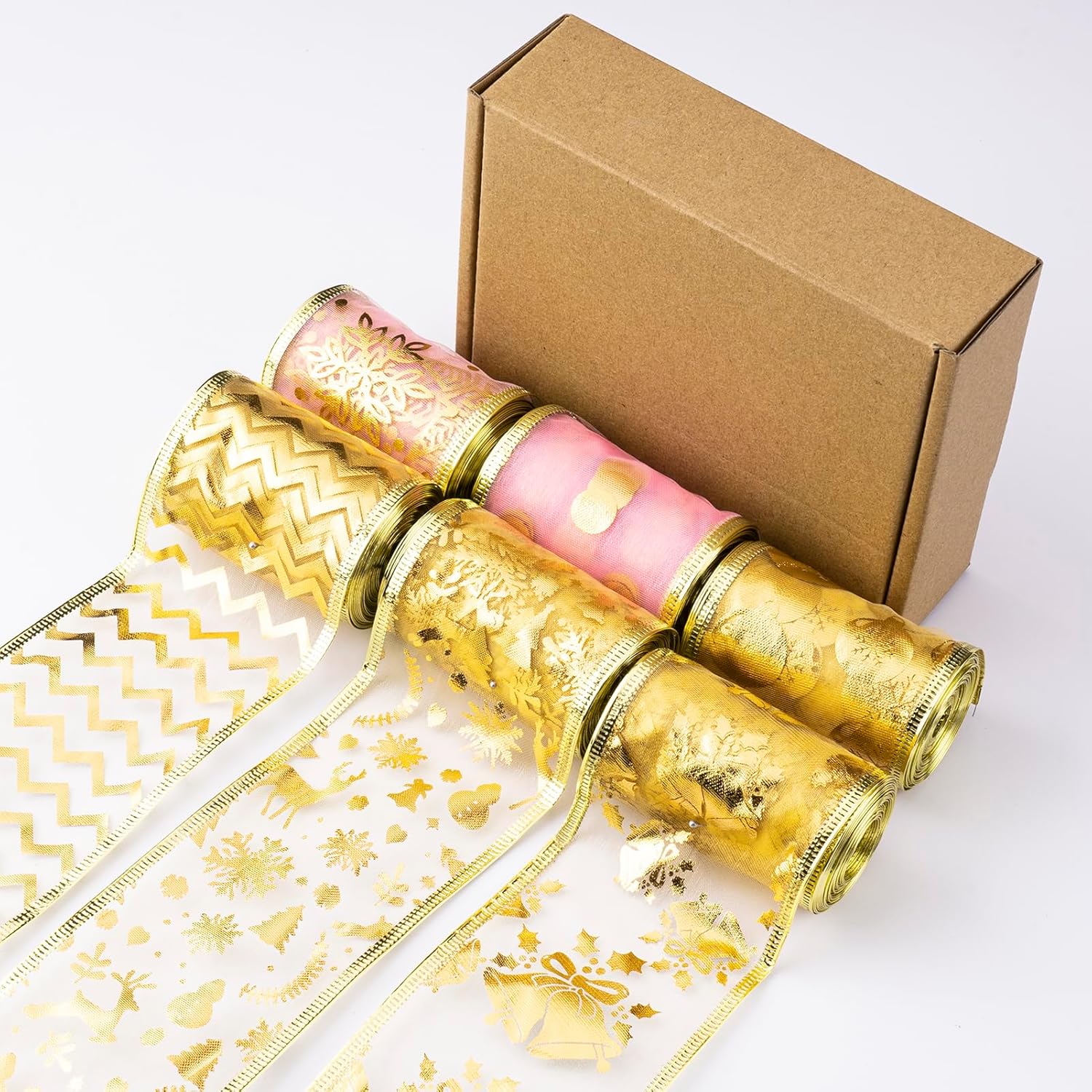 Cinta dorada para árbol de Navidad de 2.5 pulgadas, 6 rollos de 36 yardas, cinta dorada de Navidad, cintas doradas para fiestas navideñas con cable,