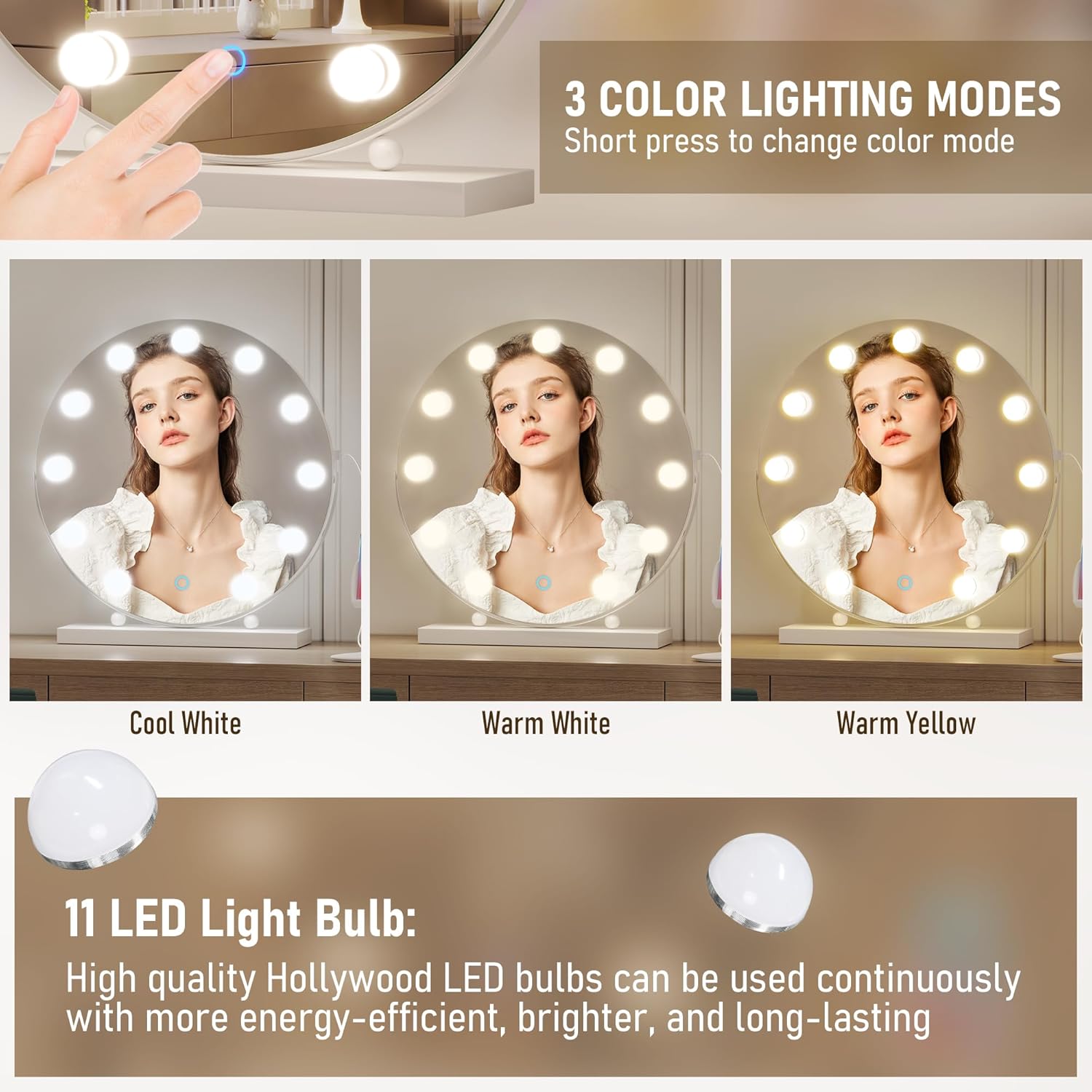 LVSOMT Hollywood Espejo de tocador de maquillaje con luces, espejo LED de 20 pulgadas con aumento de 10X, espejo de escritorio iluminado con 3 modos