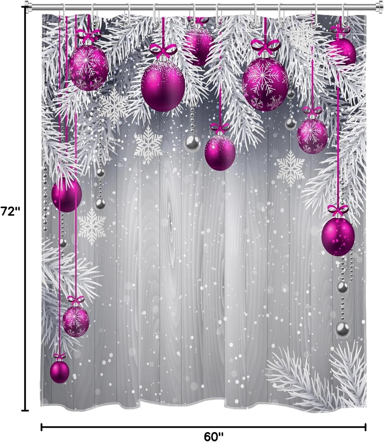 HVEST Christmas Ball Shower Curtain, Purple Christmas Ball with Silver Pine Tree on Grey Board Bathroom Shower Curtain with Hooks, Snow Snowflake