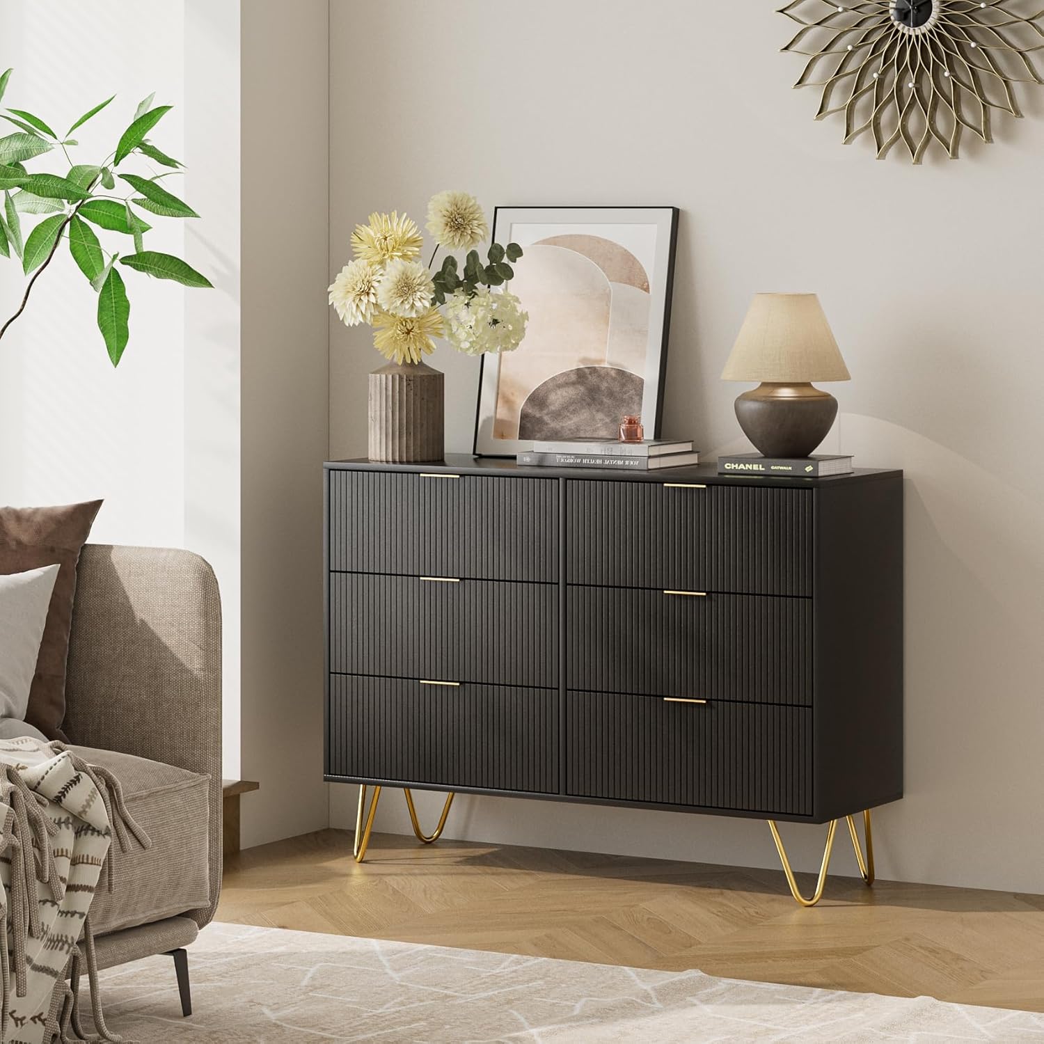Cómoda de 6 cajones, moderna cajonera, cómoda de almacenamiento ancha con patas de metal, cómoda para dormitorio, sala de estar, armario, entrada,