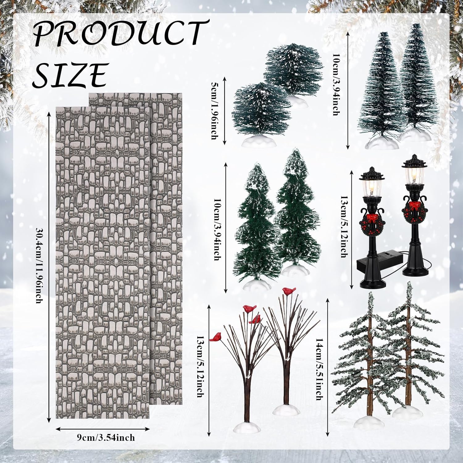 14 piezas de accesorios de Navidad, figura de pueblo, pinos en miniatura, nieve, árboles de Navidad artificiales, ramas desnudas, lámparas de calle,