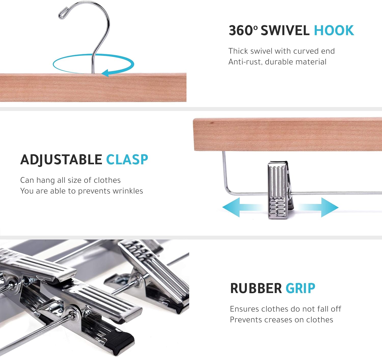 Quality Hangers Perchas de madera para pantalones, paquete de 10 perchas giratorias de tela con gancho, falda de madera de loto, pantalones,
