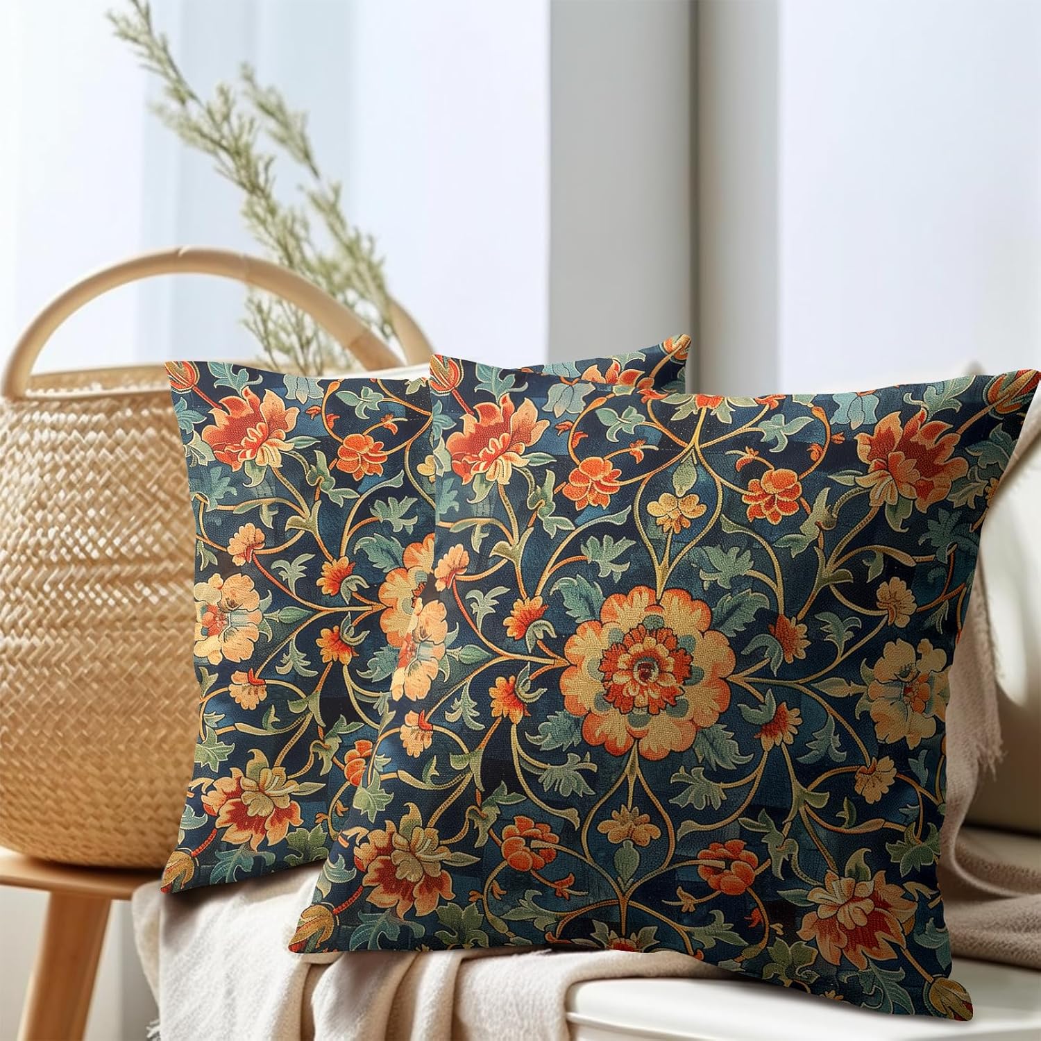 Kawani Juego de 2 fundas de almohada florales vintage de 18 x 18 pulgadas, diseño de flores botánicas antiguas con patrón de tapiz, fundas de