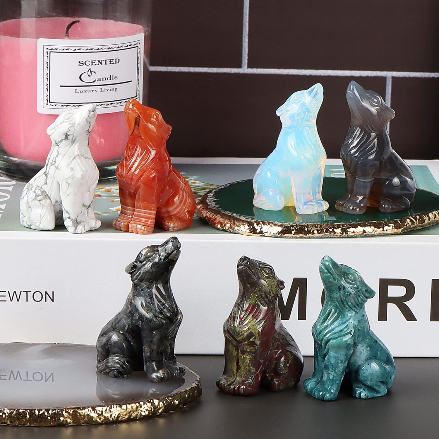 Artistone Estatua de lobo de cristal de 2.0 pulgadas, piedra de sangre de dragón anhelada a mano, escultura de animal, piedra curativa para