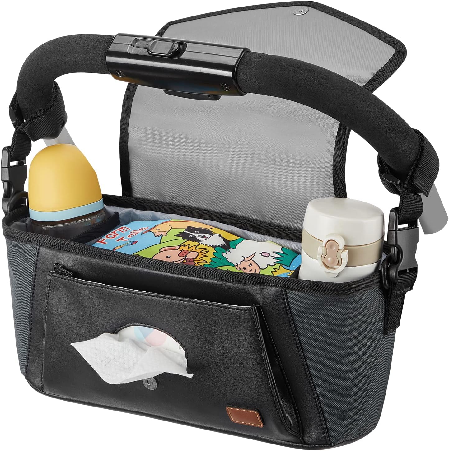 Wiicare Organizador universal para cochecito, bolsa de piel sintética con soporte para tazas aislado, bolsillo para pañuelos y correa de hombro