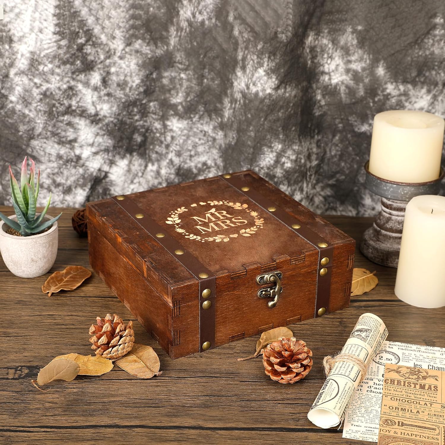 Caja decorativa pequeña con tapa, caja de madera para recuerdos, paquete de 2 cajas de recuerdos de boda para almacenamiento, aniversario, regalos