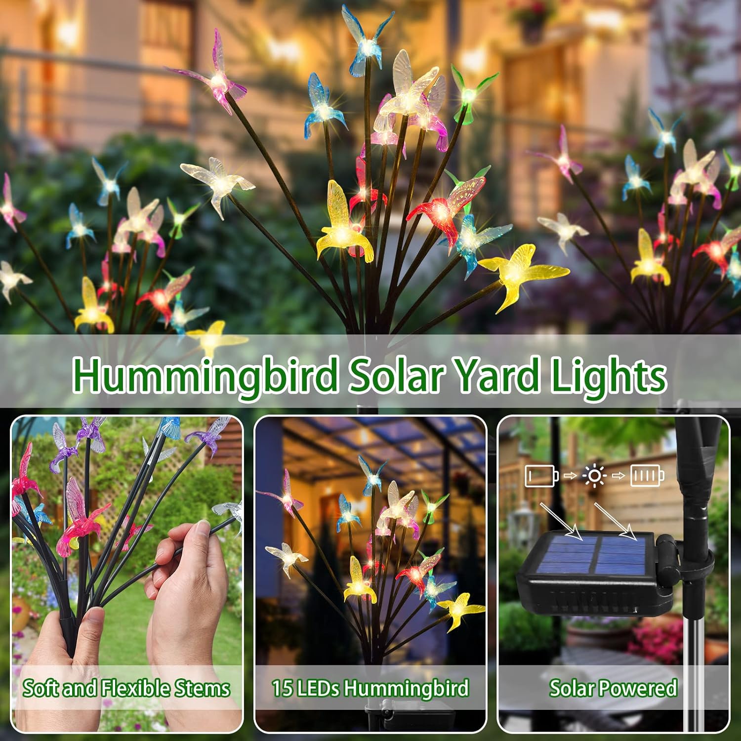 Luces solares de jardín, 7 luces solares de colibrí que cambian de color, luces solares de jardín exterior, luces solares para exteriores,