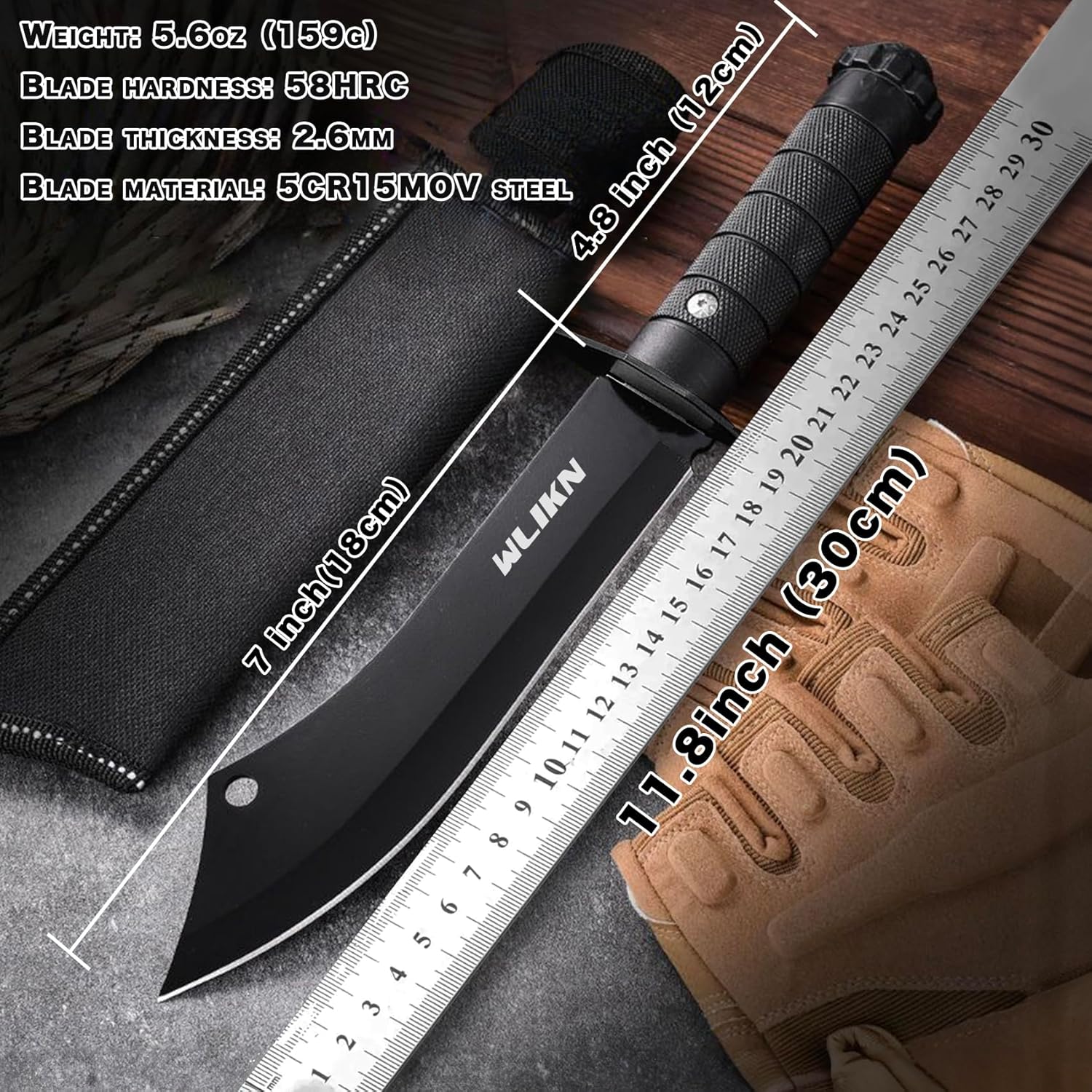 Wlikn Cuchillo de hoja fija con funda, cuchillo Bowie de supervivencia de hoja de un solo filo fuerte con mango antideslizante, para camping, caza y