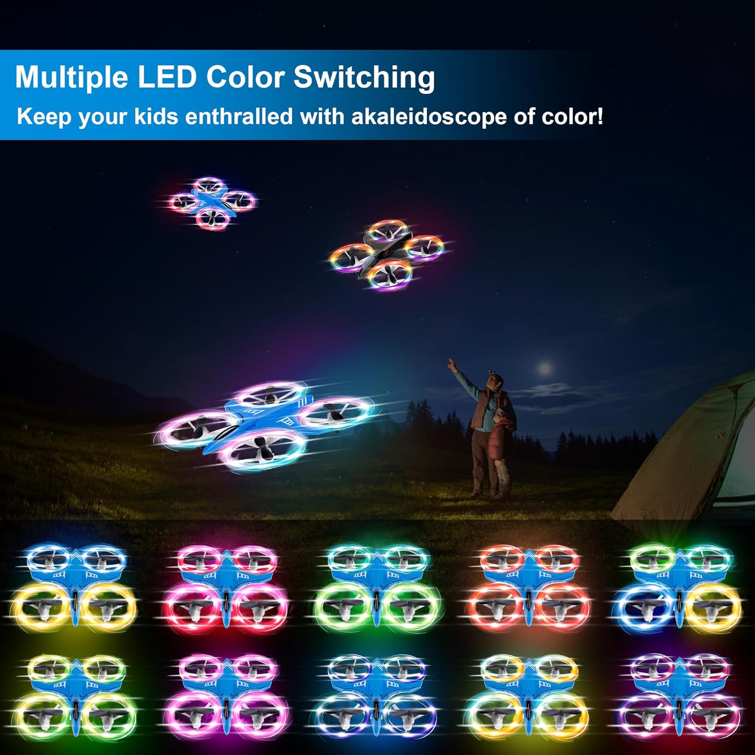 Drones para niños, paquete de 2 con luces LED coloridas deslumbrantes, mini dron para niños, 2 baterías, control remoto, modo sin cabeza, giro 3D,