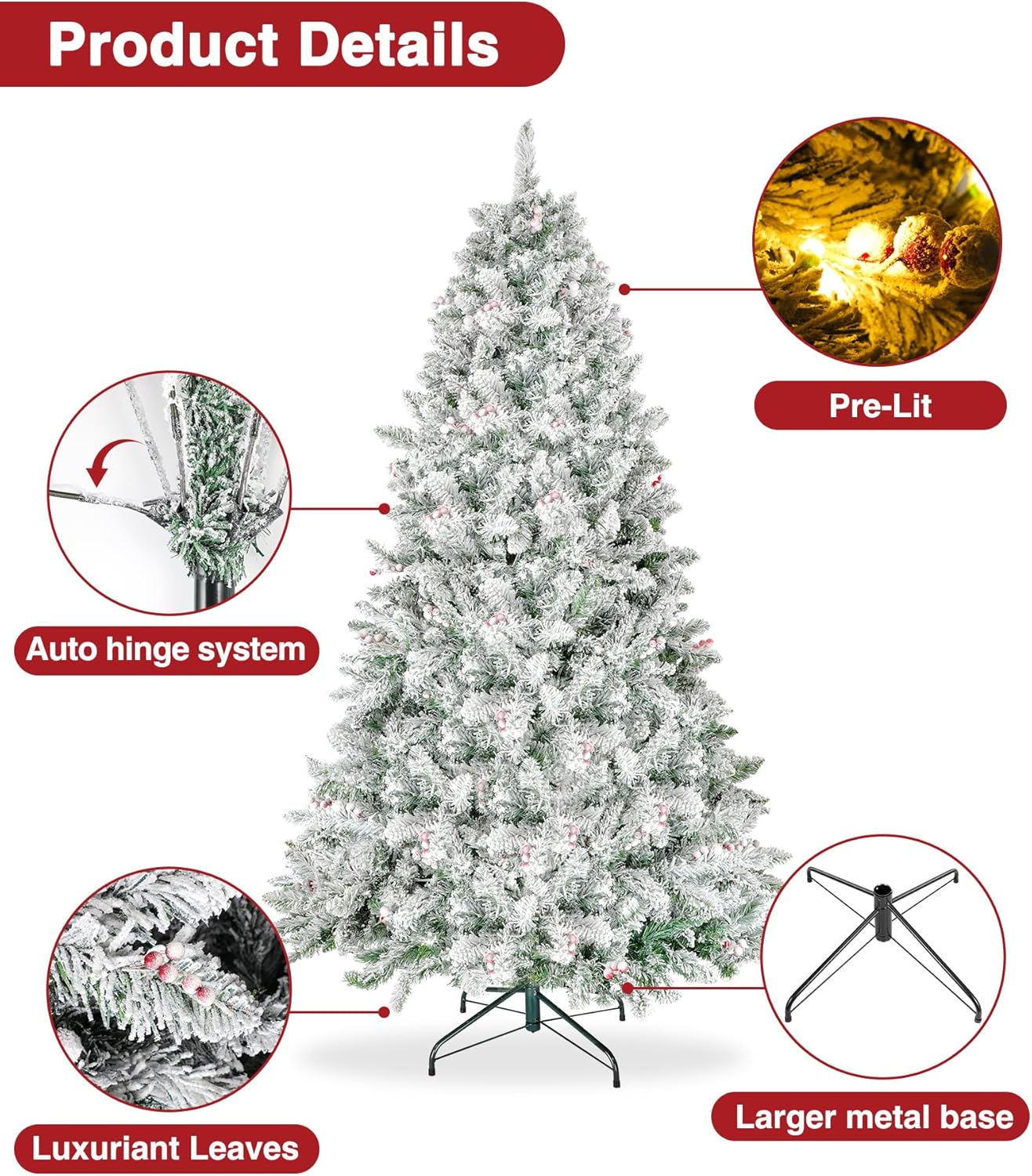 Árbol de Navidad preiluminado de 6.5 pies, árboles de Navidad artificiales con 400 luces blancas cálidas, 1100 puntas de rama, 58 bayas, decoración