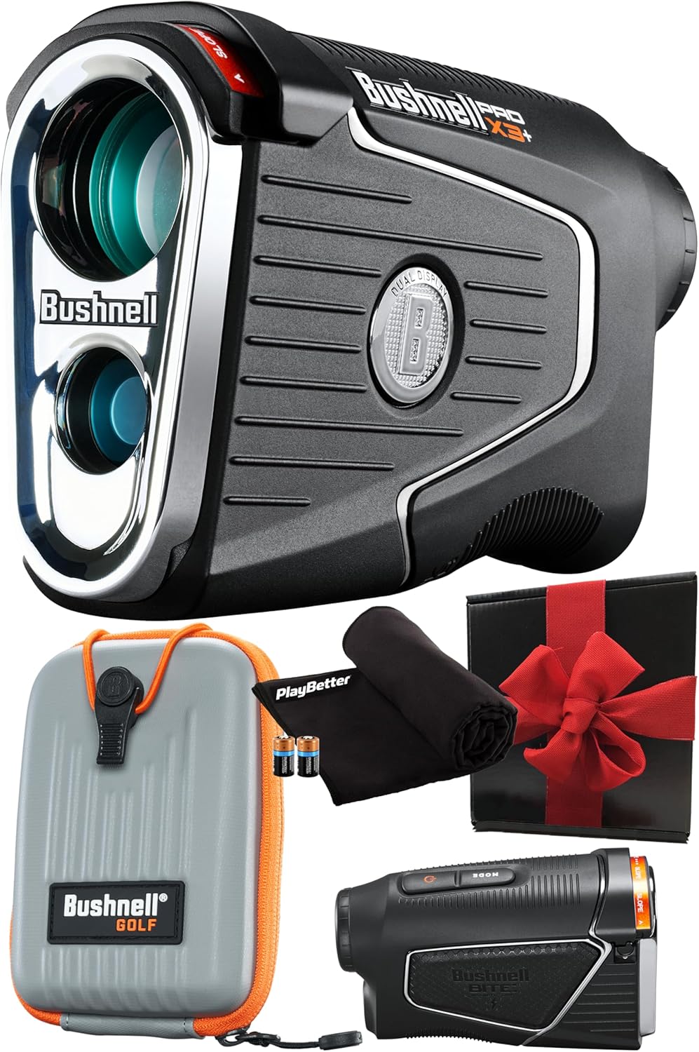 Bushnell Golf Pro X3 – Telémetro láser con caja de regalo inclinada, incluye toalla de microfibra PlayBetter y batería adicional, caja de regalo