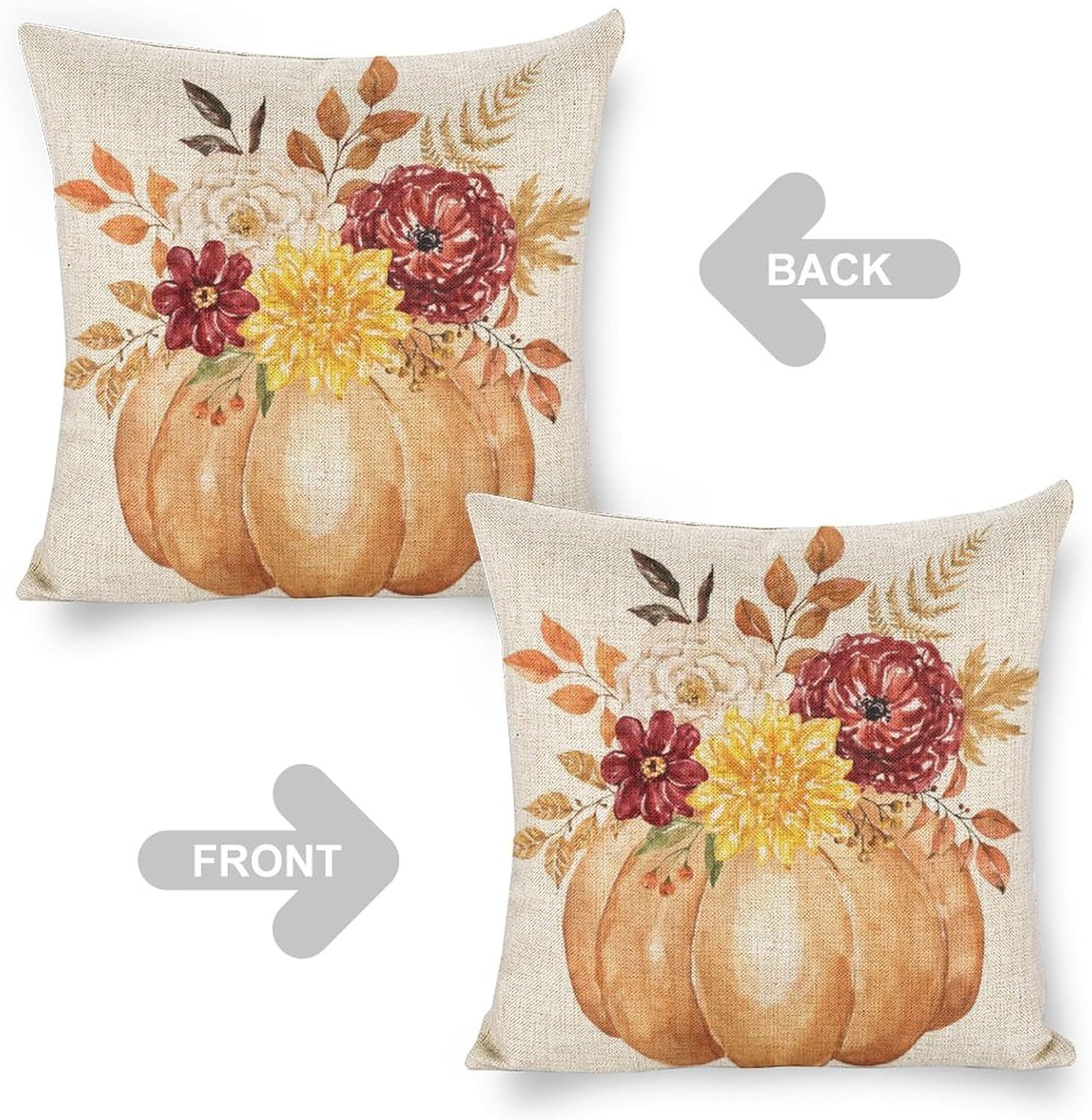 Juego de 2 fundas de almohada de calabaza naranja otoñal de 18 x 18 pulgadas, juego de 2 fundas de almohada cuadradas decorativas de lino con flores