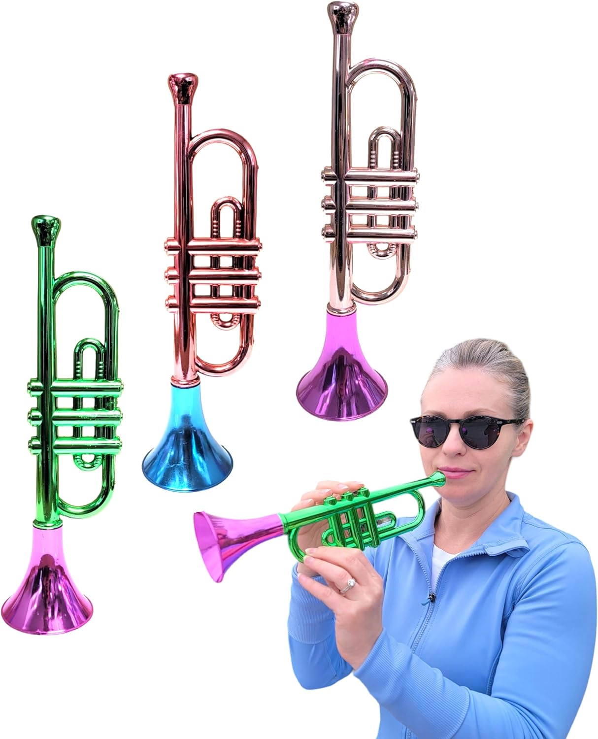 Trompetas metálicas (13 pulgadas), juguetes musicales de plástico para niños, instrumentos para hacer ruido para fiestas de cumpleaños, deportes,
