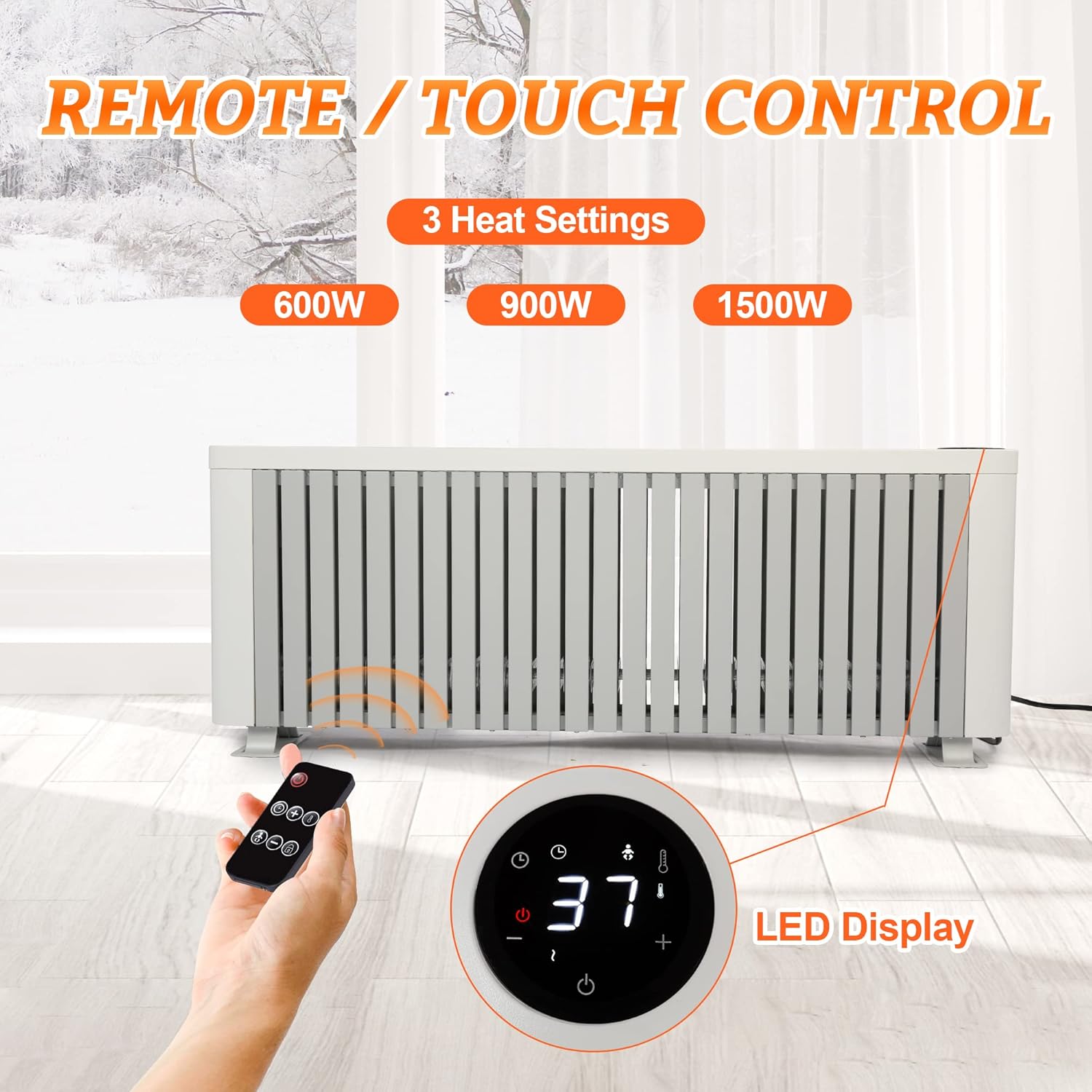 Calentador eléctrico de zócalo de 1500 W, calentador de espacio de habitación grande para uso en interiores, control remoto, pantalla digital LED,