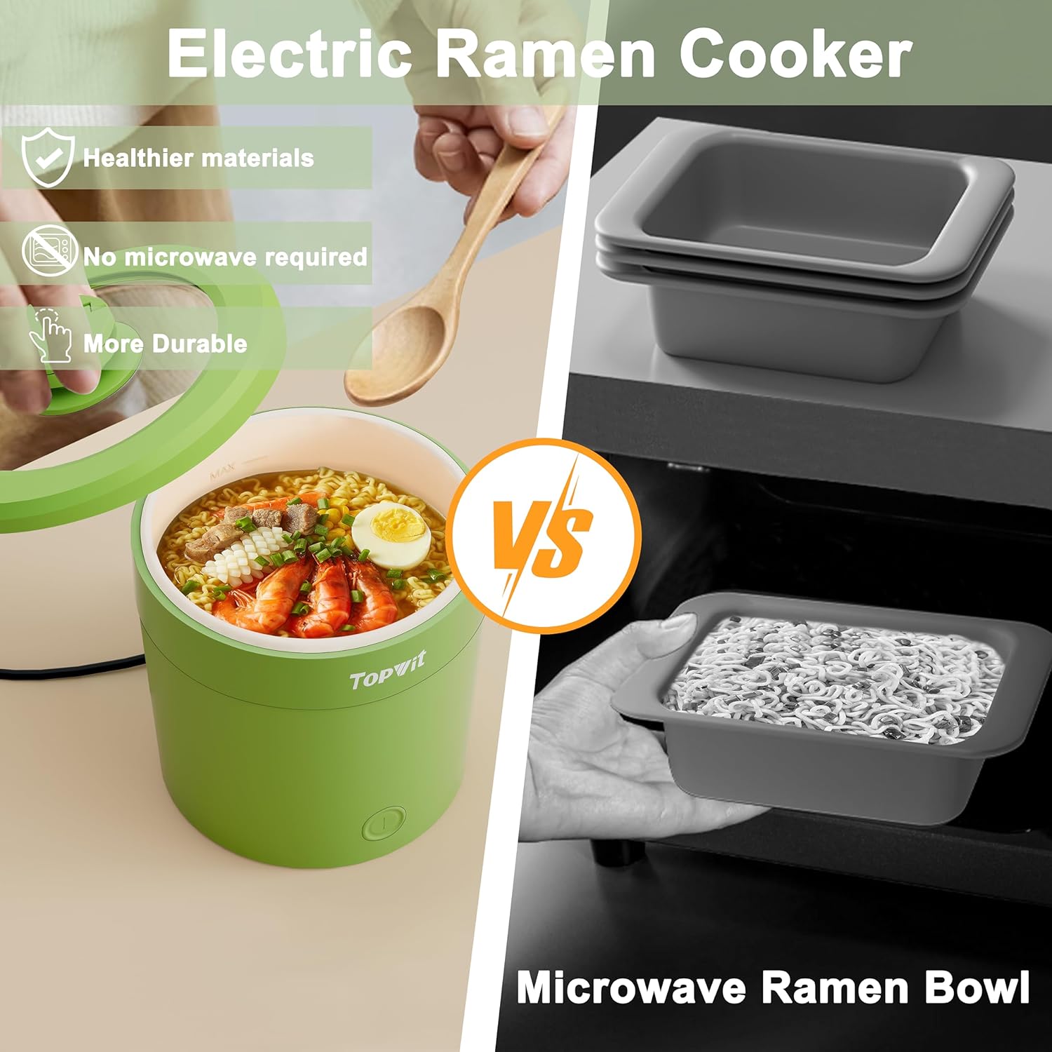 Topwit Ramen – Mini olla eléctrica de 1 litro, olla eléctrica de 500 W para fideos, olla portátil para pasta, bistec, huevo con protección contra