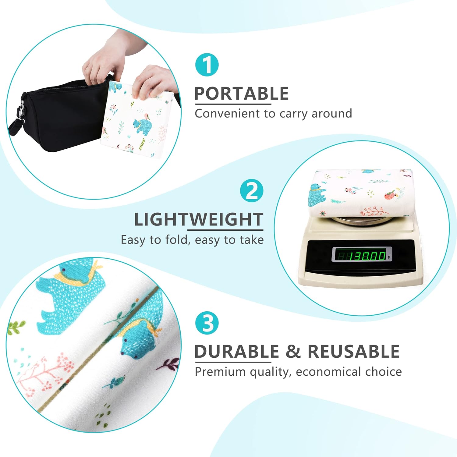 RUILI Cambiador de pañales impermeable para bebé, algodón suave reutilizable, tapete cambiador absorbente portátil para niñas, niños y mujeres