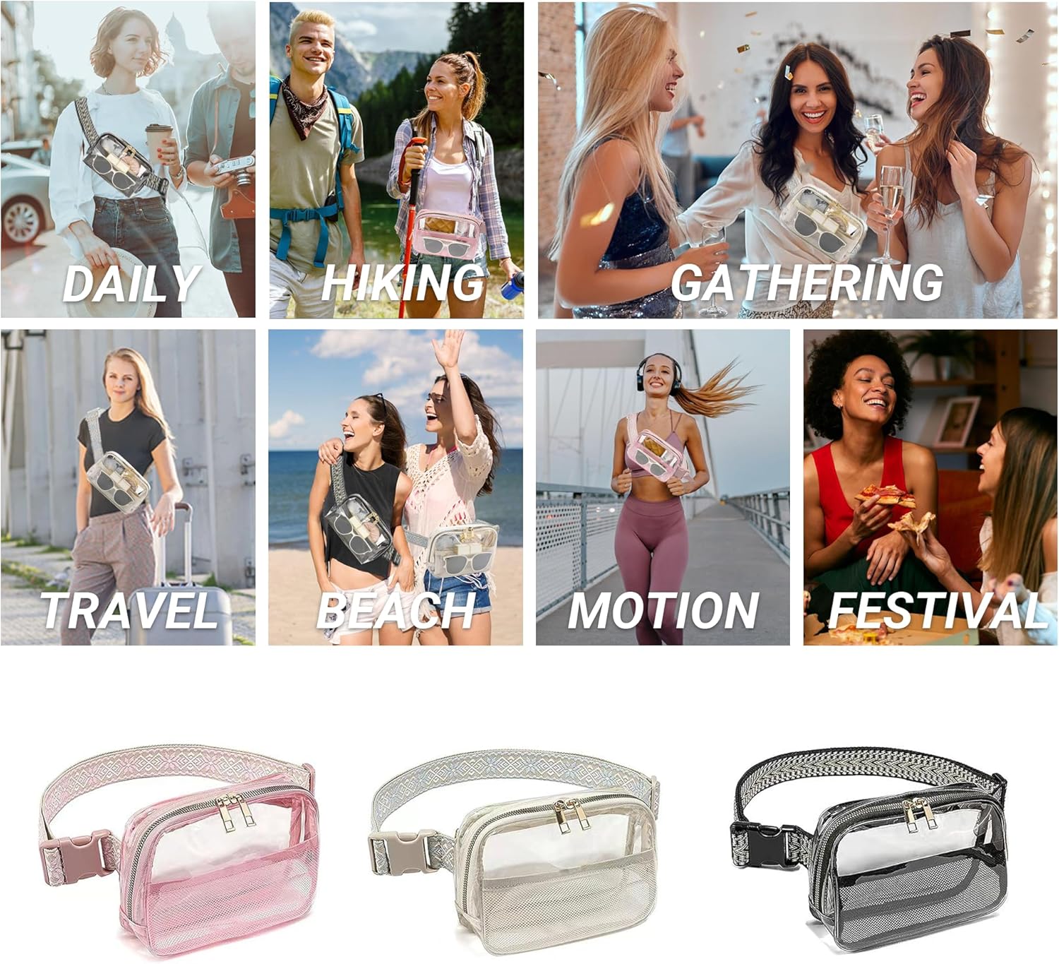 Riñonera transparente aprobada para mujeres y hombres con correa ajustable, bolsa cruzada transparente para conciertos, deportes, viajes,