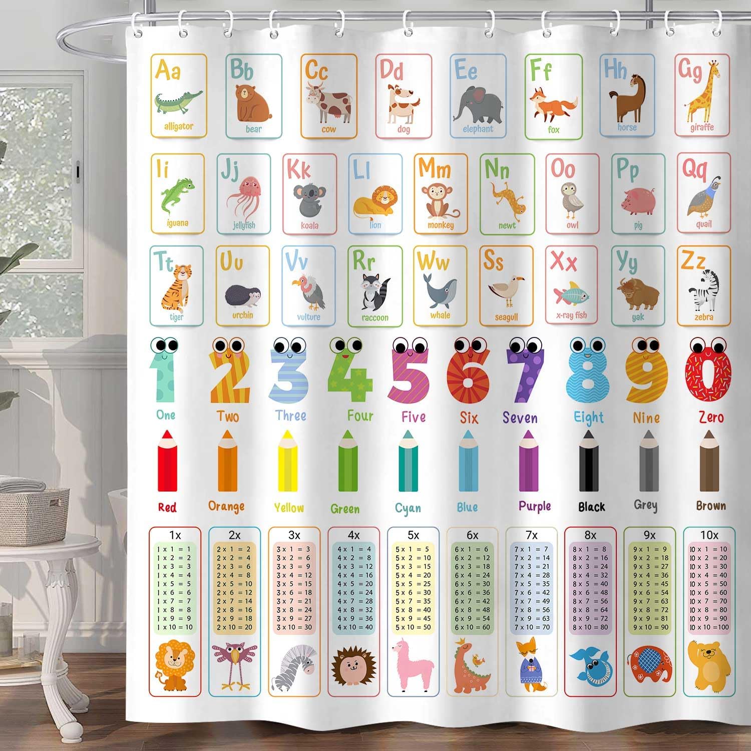 Cortina de ducha de aprendizaje del alfabeto ABC para niños, mesa de multiplicación de animales de dibujos animados, decoración de estilo educativo,