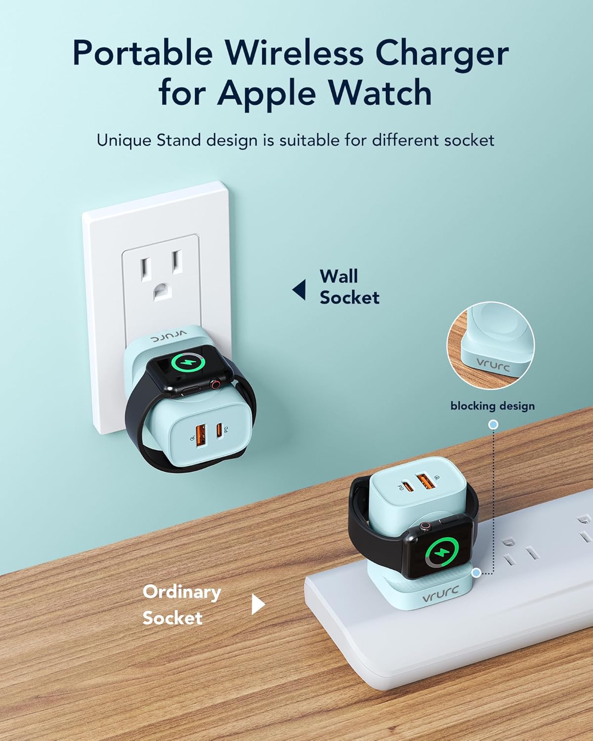 VRURC Cargador para Apple Watch, cargador 3 en 1 PD de 20 W con carga inalámbrica magnética y puertos duales, bloque de carga de pared USB C