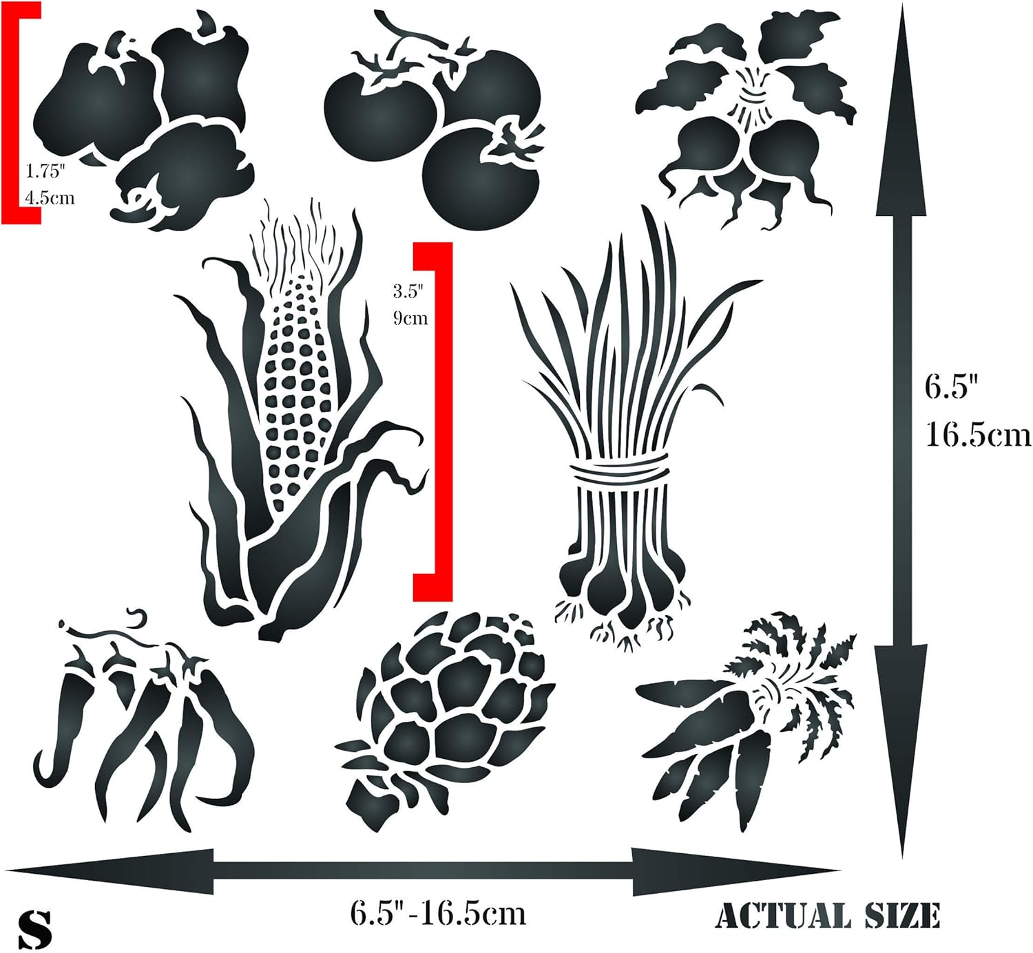 Plantilla para verduras, 6.5 x 6.5 pulgadas (S)  Maíz, Tomate, Rábano, Pimienta, Chile, Zanahoria, Espárragos, Cebolletas Vegetales Plantillas para