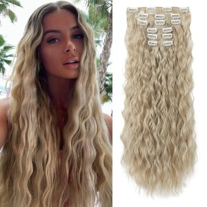 FLUFYMOOZ Extensiones de cabello con pinzas, extensiones de cabello sintético ondulado con clip, 6 unidades, para mujer, 24 pulgadas (rubio ceniza FLUFYMOOZ Extensiones de cabello con pinzas, extensiones de cabello sintético ondulado con clip, 6 unidades, para mujer, 24 pulgadas (rubio ceniza