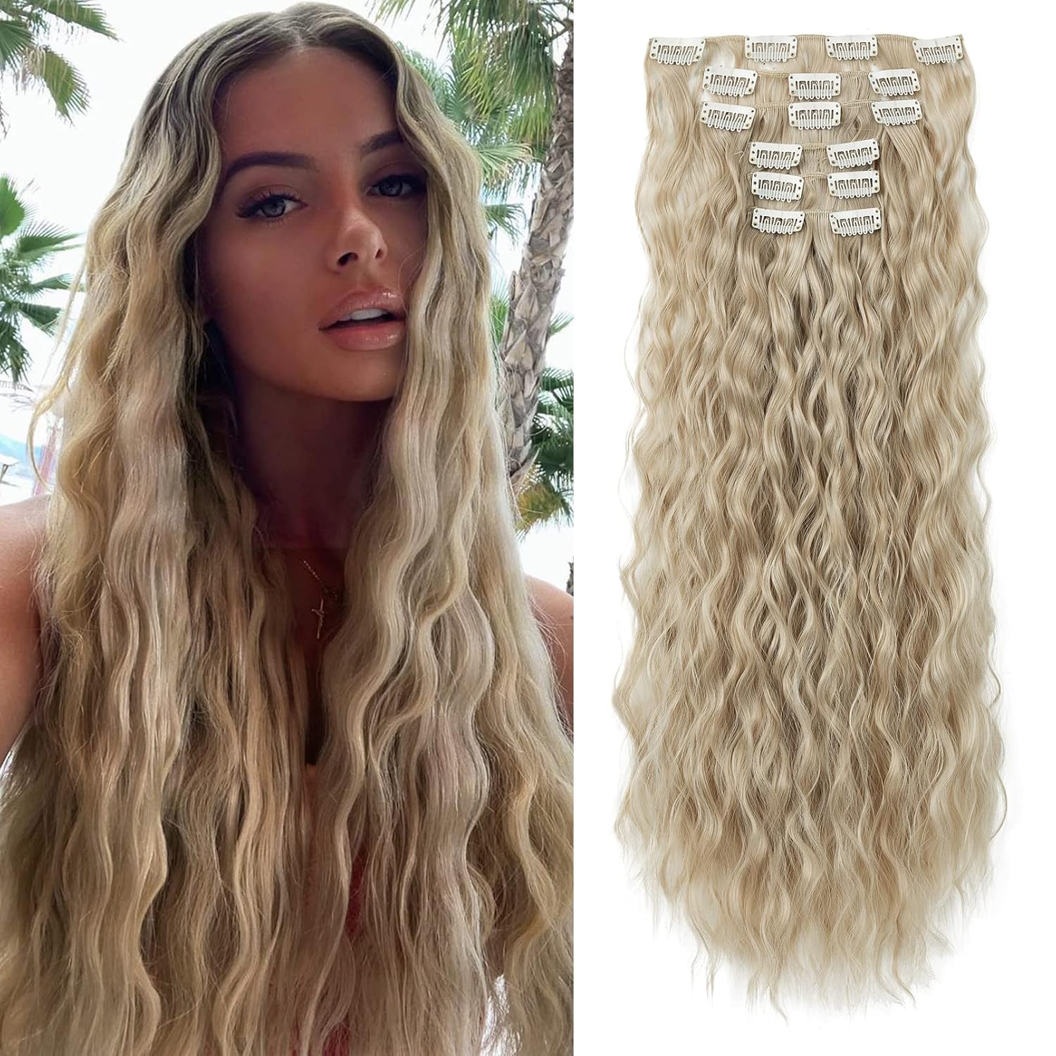 FLUFYMOOZ Extensiones de cabello con pinzas, extensiones de cabello sintético ondulado con clip, 6 unidades, para mujer, 24 pulgadas (rubio ceniza