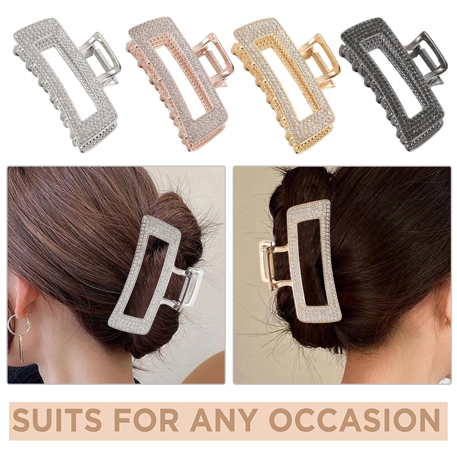WORTL Pinzas grandes de metal cuadradas de 3.5 pulgadas, paquete de 4 abrazaderas de pelo con diamantes de imitación para mujeres y más delgadas,