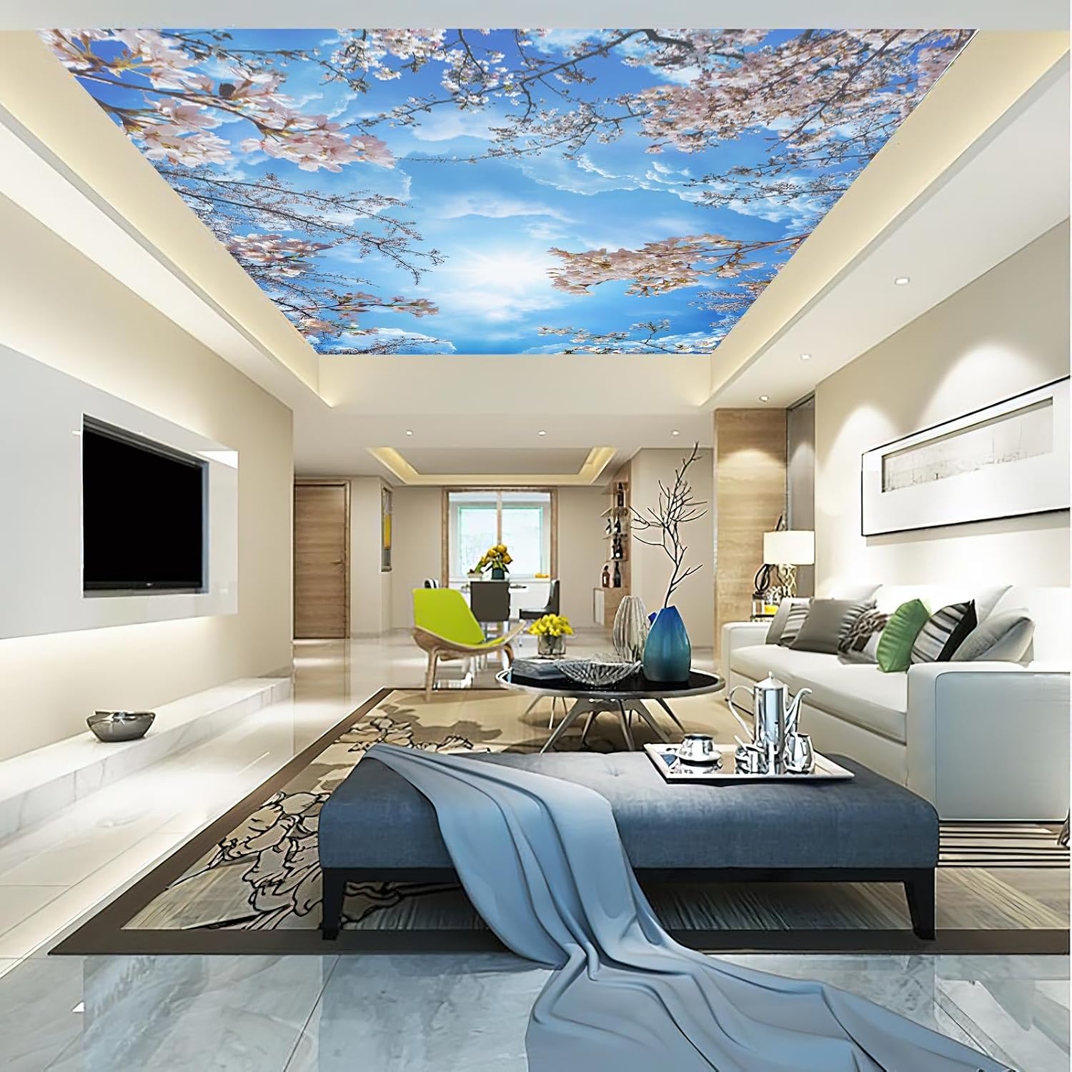 Eierme Papel pintado de pared 3D con diseño de cielo, flor de cerezo, 178 x 117 pulgadas