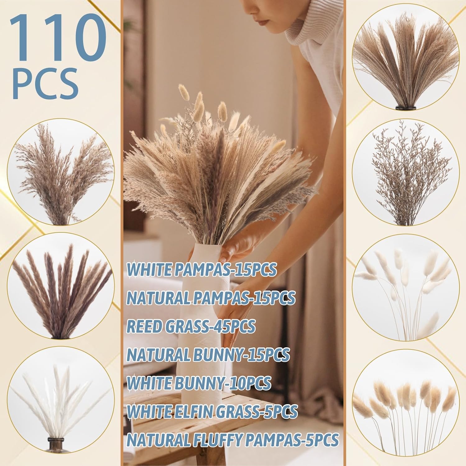 110 piezas de hierba de las pampas, decoración de otoño para flores secas en el hogar, guirnalda de otoño, pompas florales, decoración de sala de