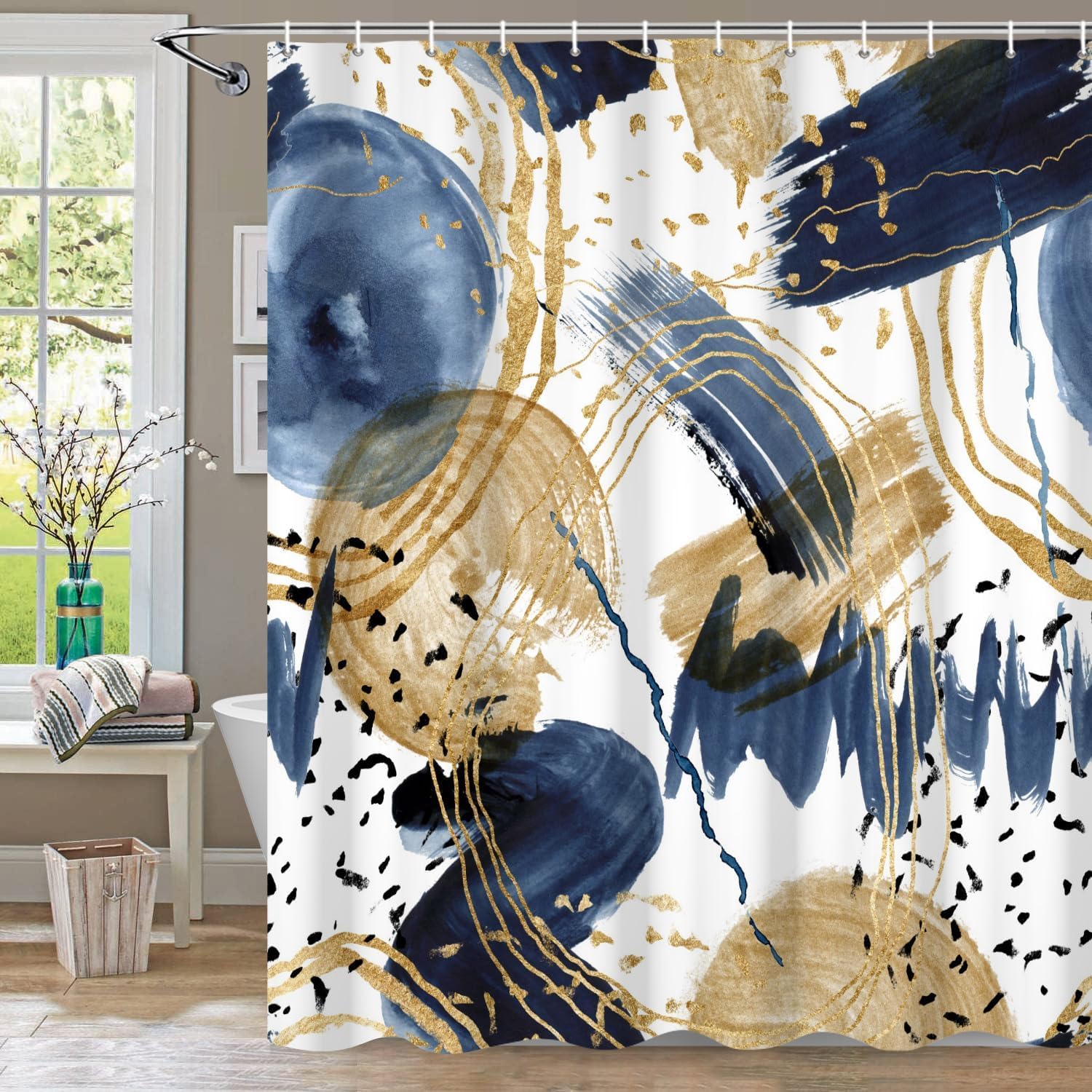 Cortinas de ducha abstractas bohemias, de 60 pulgadas de ancho x 72 pulgadas de alto, color azul marino y dorado, cortinas de ducha para baño,