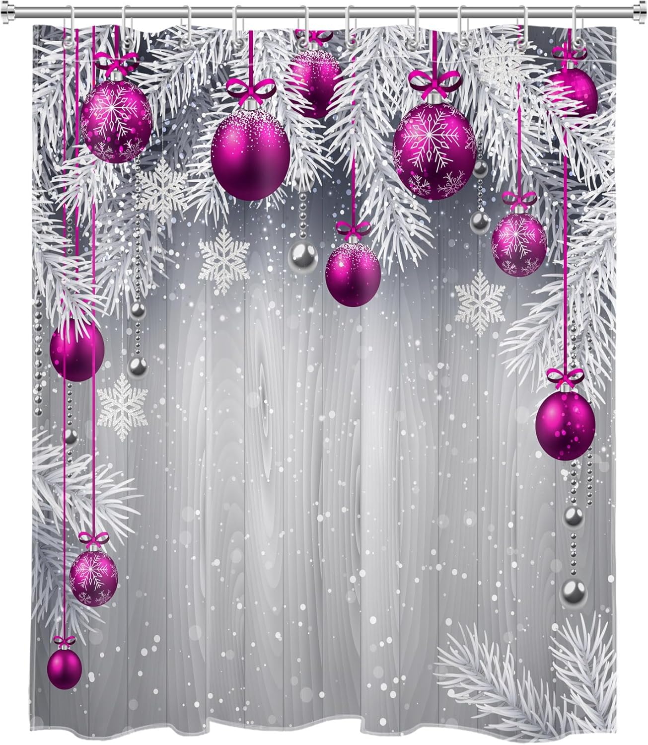 HVEST Christmas Ball Shower Curtain, Purple Christmas Ball with Silver Pine Tree on Grey Board Bathroom Shower Curtain with Hooks, Snow Snowflake