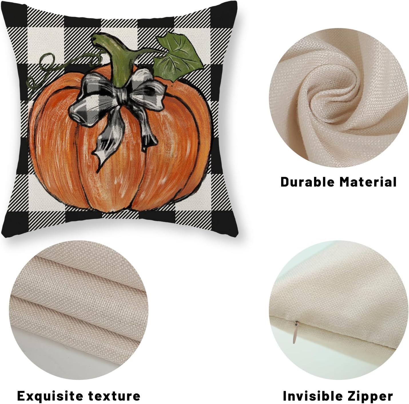 Juego de 2 fundas de almohada de otoño de 20 x 20 pulgadas, hojas de arce de calabaza y búfalo a cuadros, decoración de otoño, de lino, para Acción
