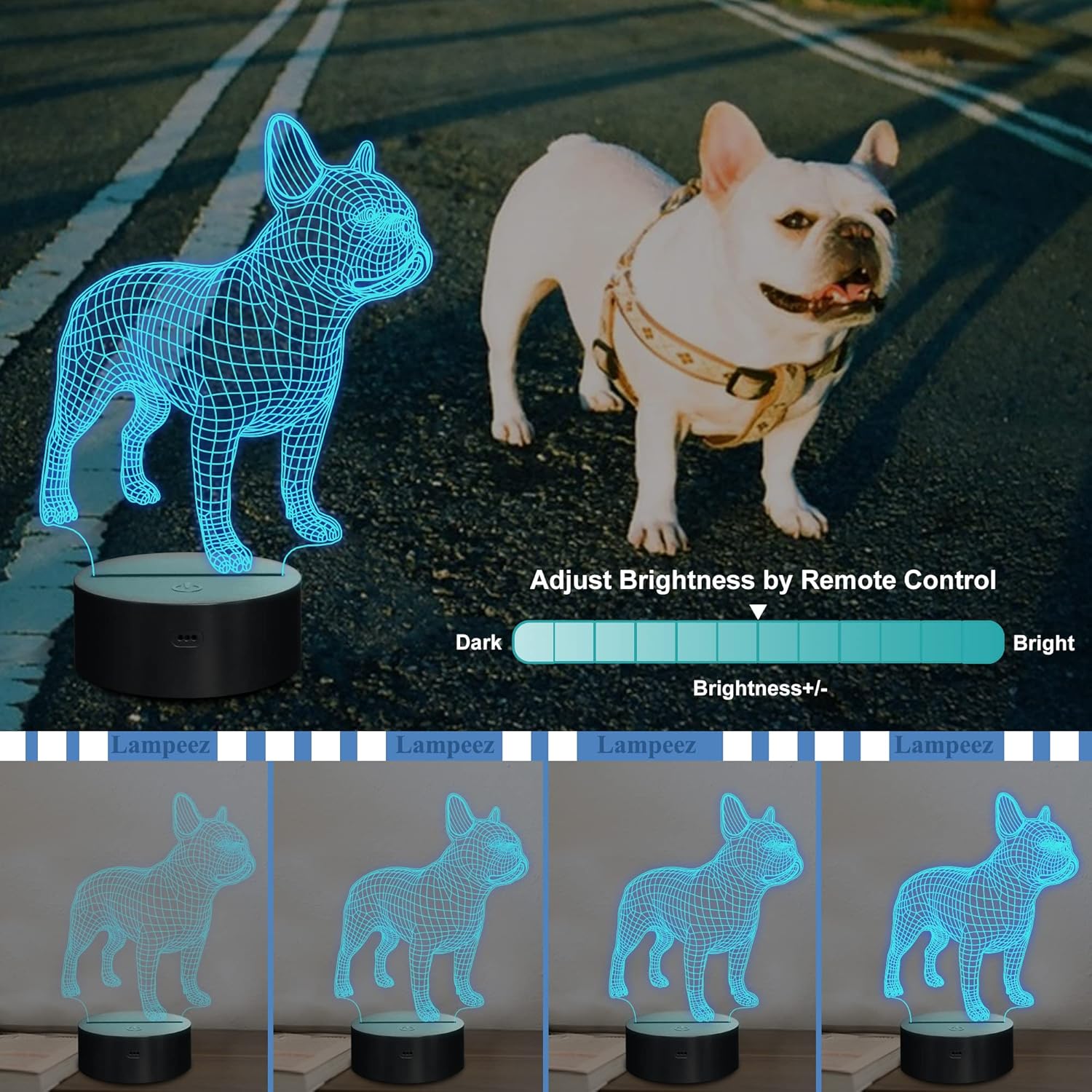Lampeez Luz nocturna de bulldog francés 3D, lámpara de ilusión óptica de 16 colores cambiantes con control remoto para cumpleaños, Navidad, día de
