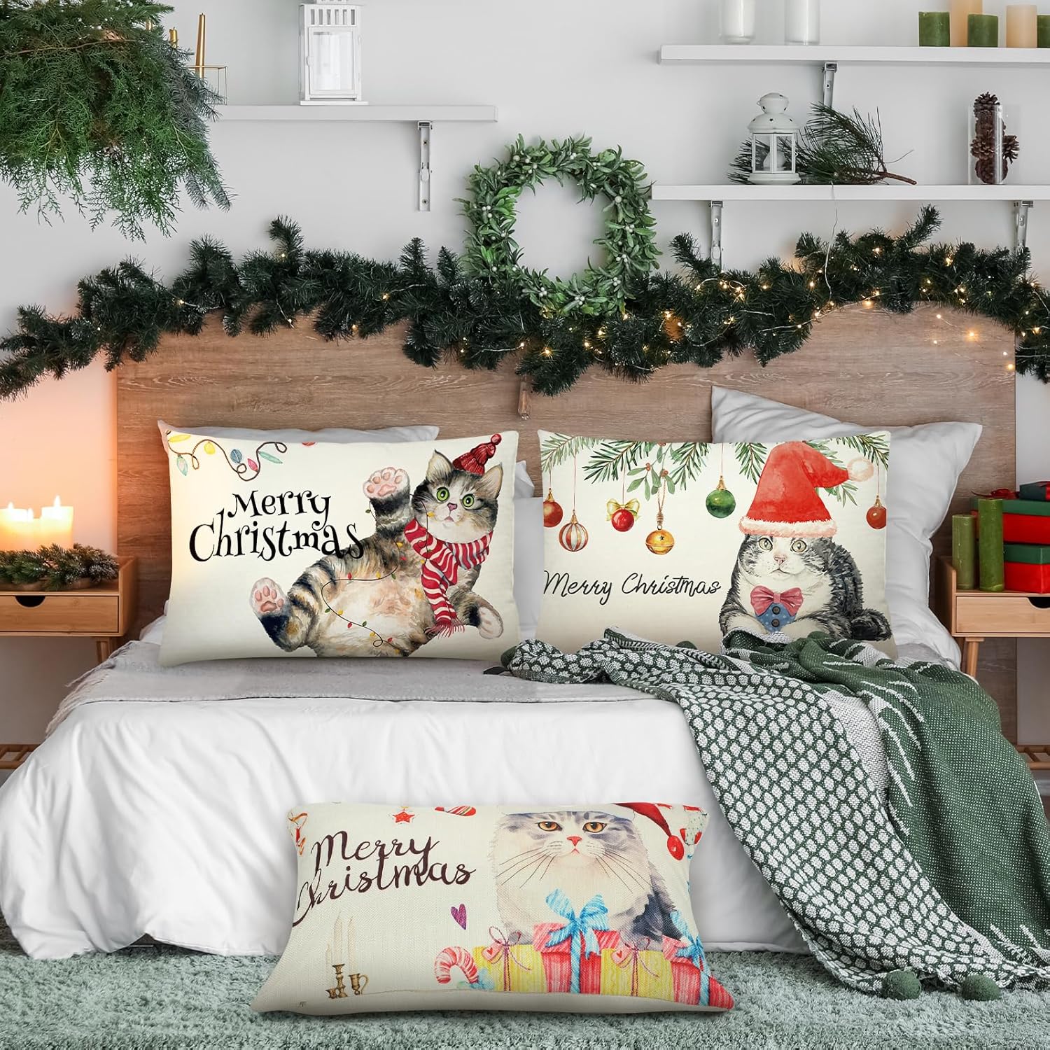 6 fundas de almohada de Feliz Navidad de 12 x 20 pulgadas, fundas decorativas de casa de campo de gato, fundas de almohada decorativas de invierno