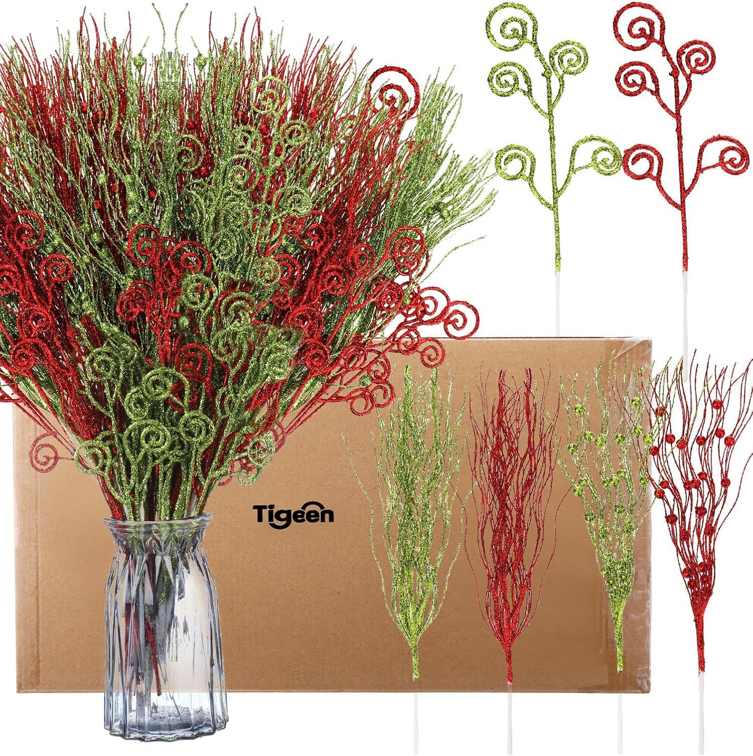 48 piezas de tallos de bayas rizadas de Navidad de 17 pulgadas y 12 pulgadas con purpurina artificial roja y verde de 17 pulgadas, ramas decorativas
