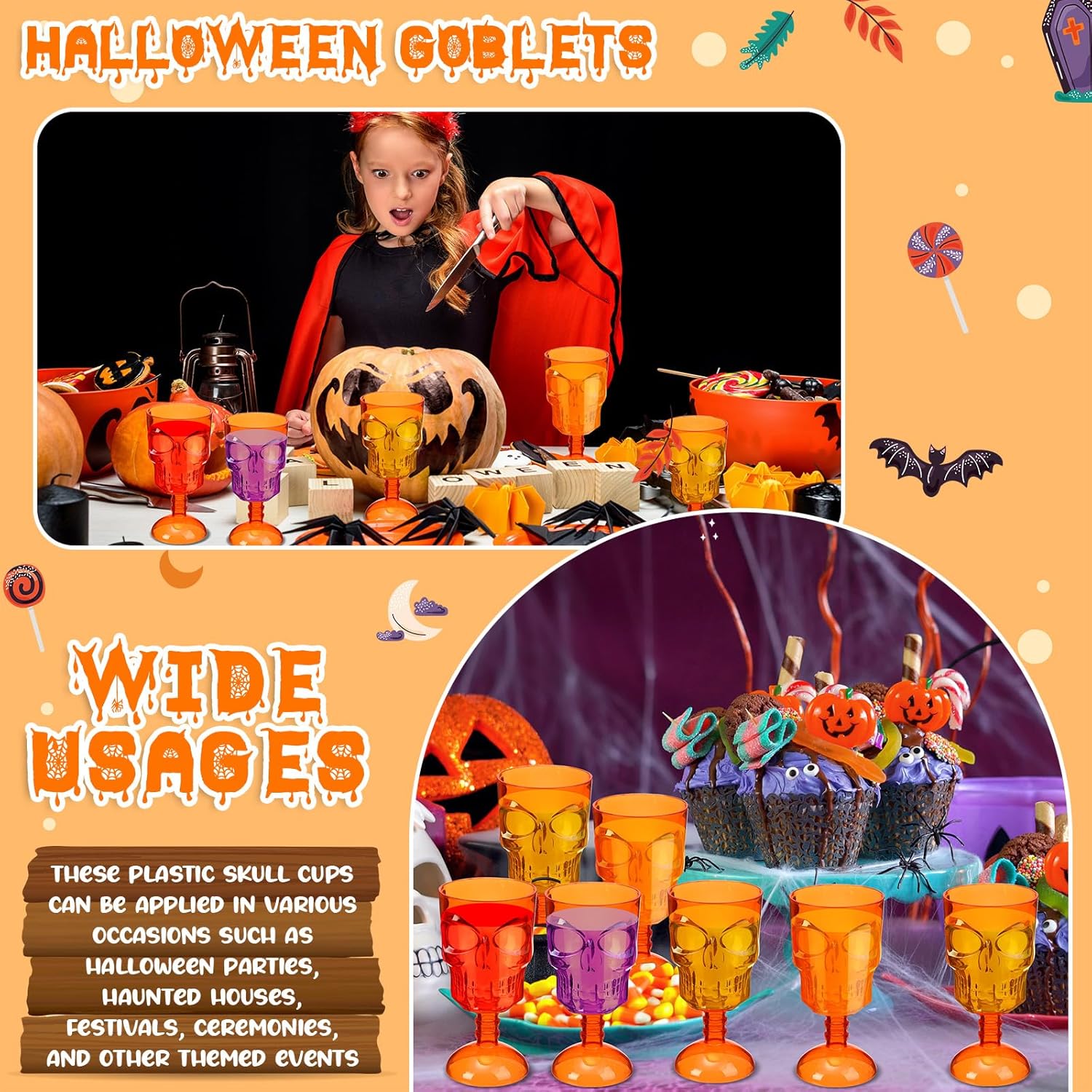 Juego de 12 copas de Halloween, copas de calavera, decoración de mesa gótica para fiesta, copa de vino de plástico, suministros para fiesta de