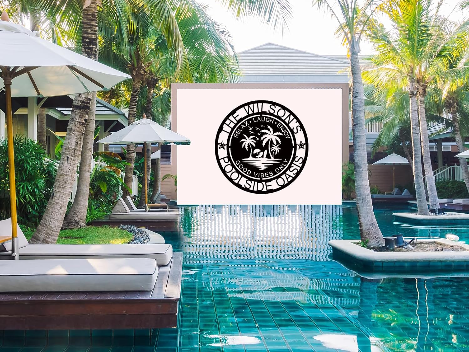 Letrero personalizado de paraíso junto a la piscina, letrero de nombre familiar de palmera, decoración junto a la piscina, letrero de apellido,